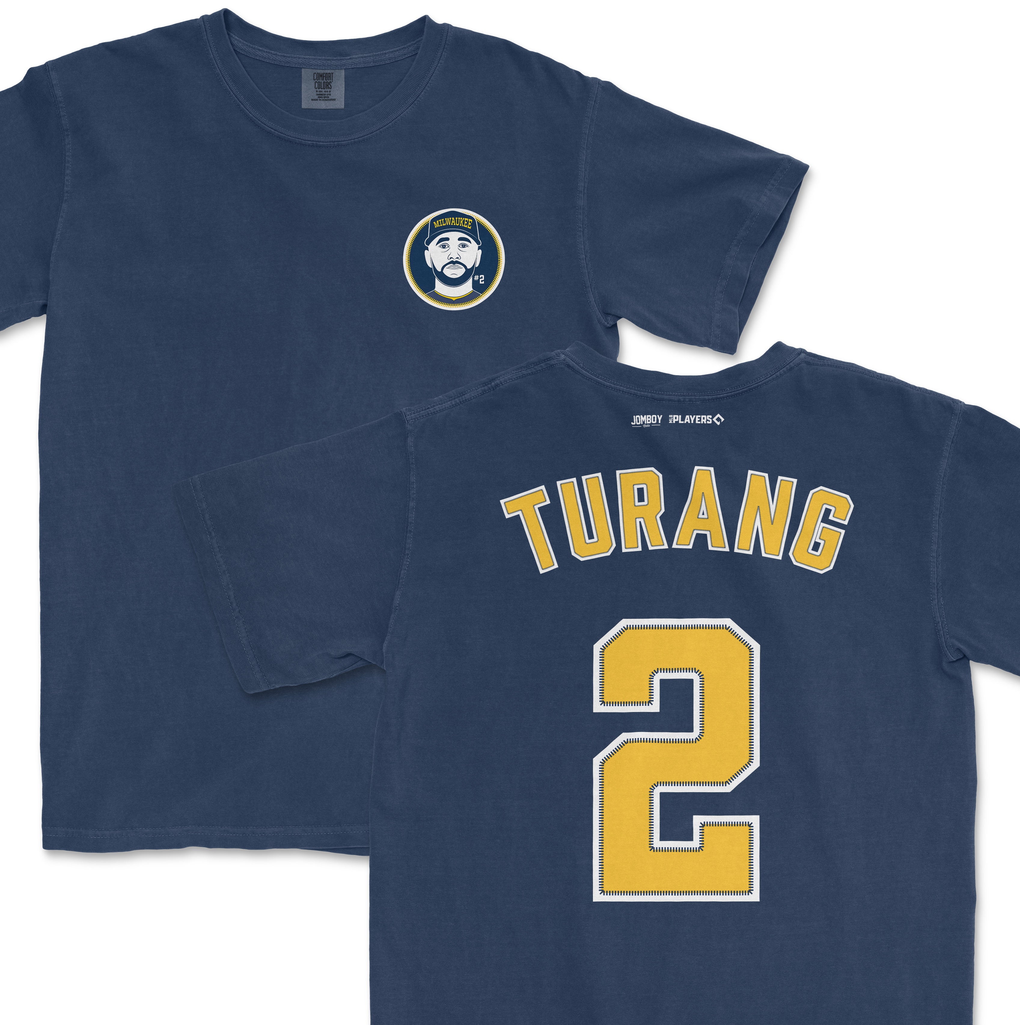 Blue Comfort Colors tee featuring a Milwaukee Turang #2 graphic on the front and back with yellow and white lettering.