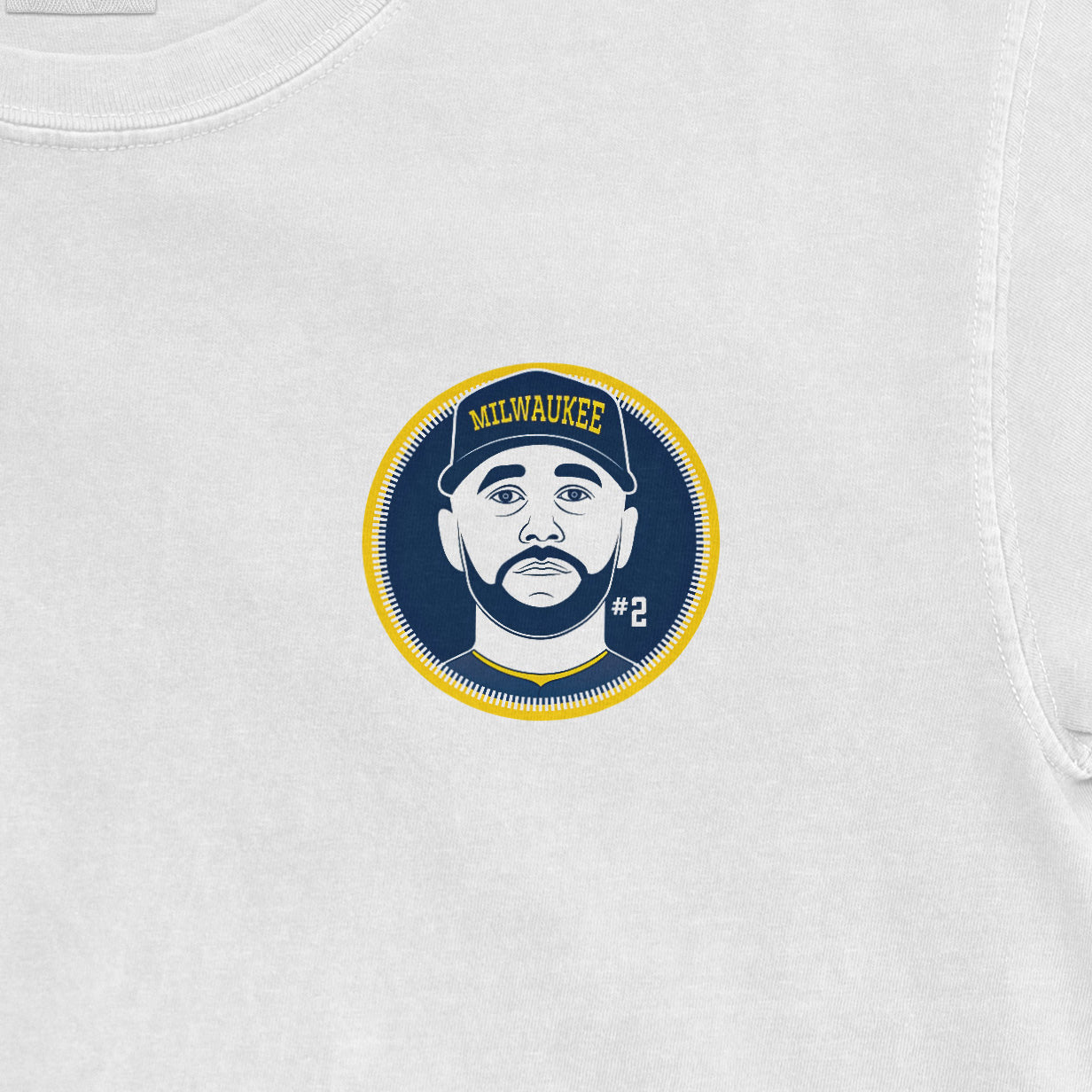 Close-up of a white Comfort Colors tee featuring a graphic of Brice Turang with "Milwaukee" and "#2" on a circular patch.