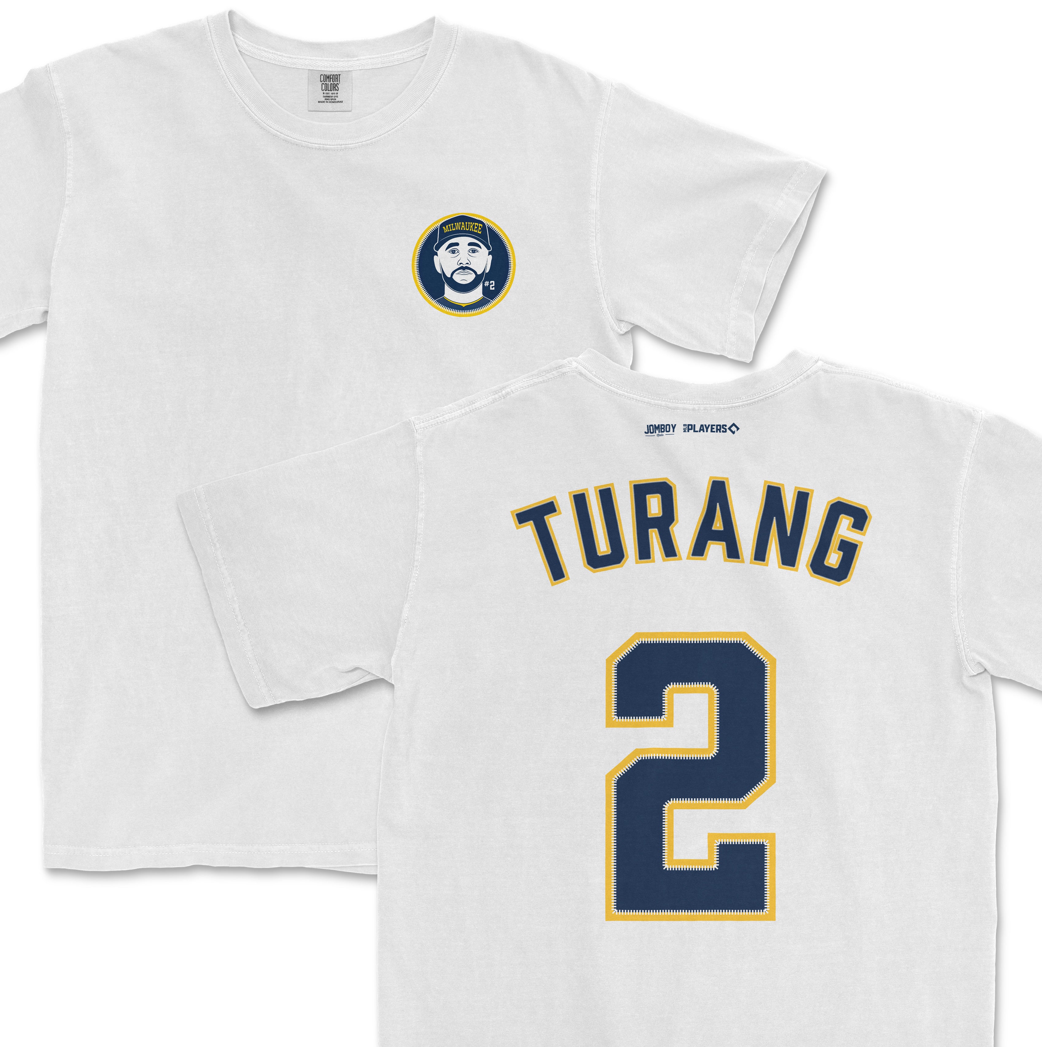 White Comfort Colors tee featuring a Brice Turang shirsey design with his name, number 2, and team logo on the front.