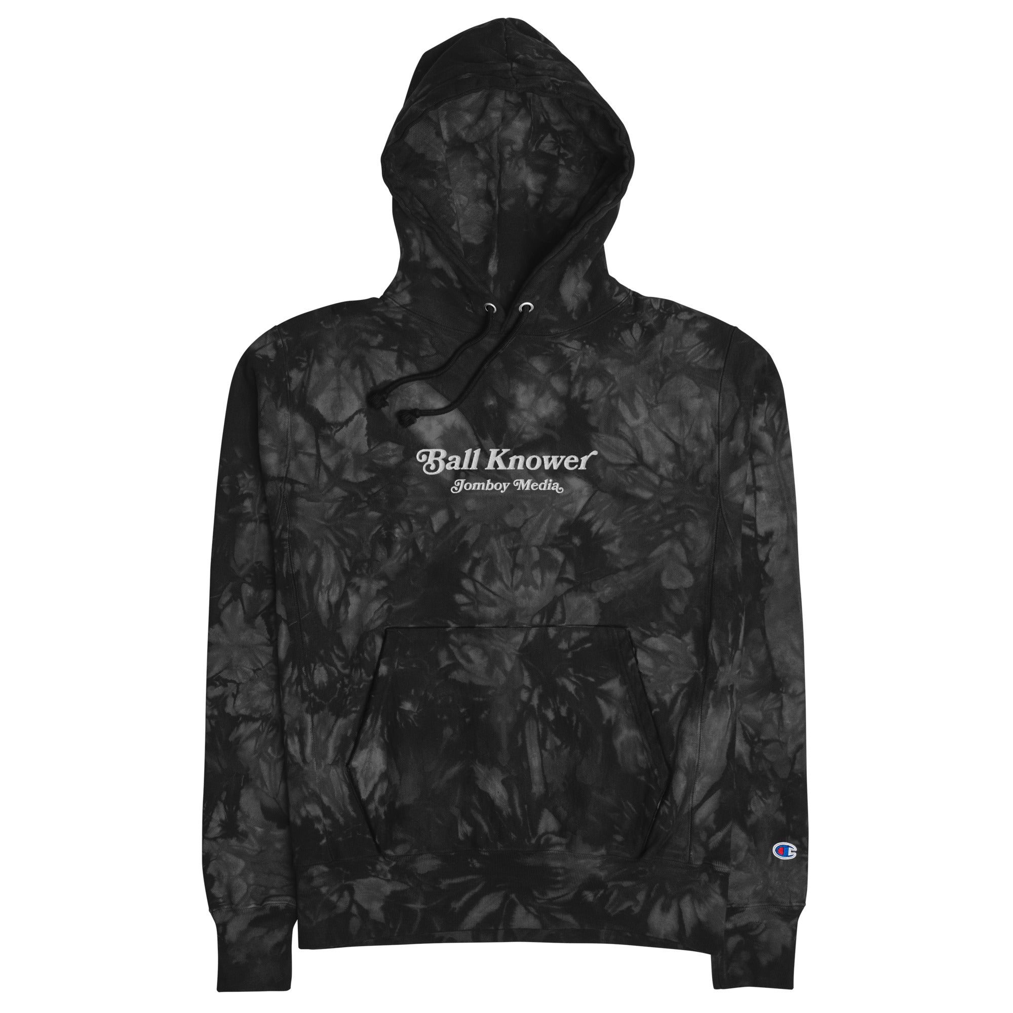Black tie-dye hoodie with embroidered "Ball Knower" and "Jomboy Media" text, featuring a front pocket and adjustable drawstring hood.