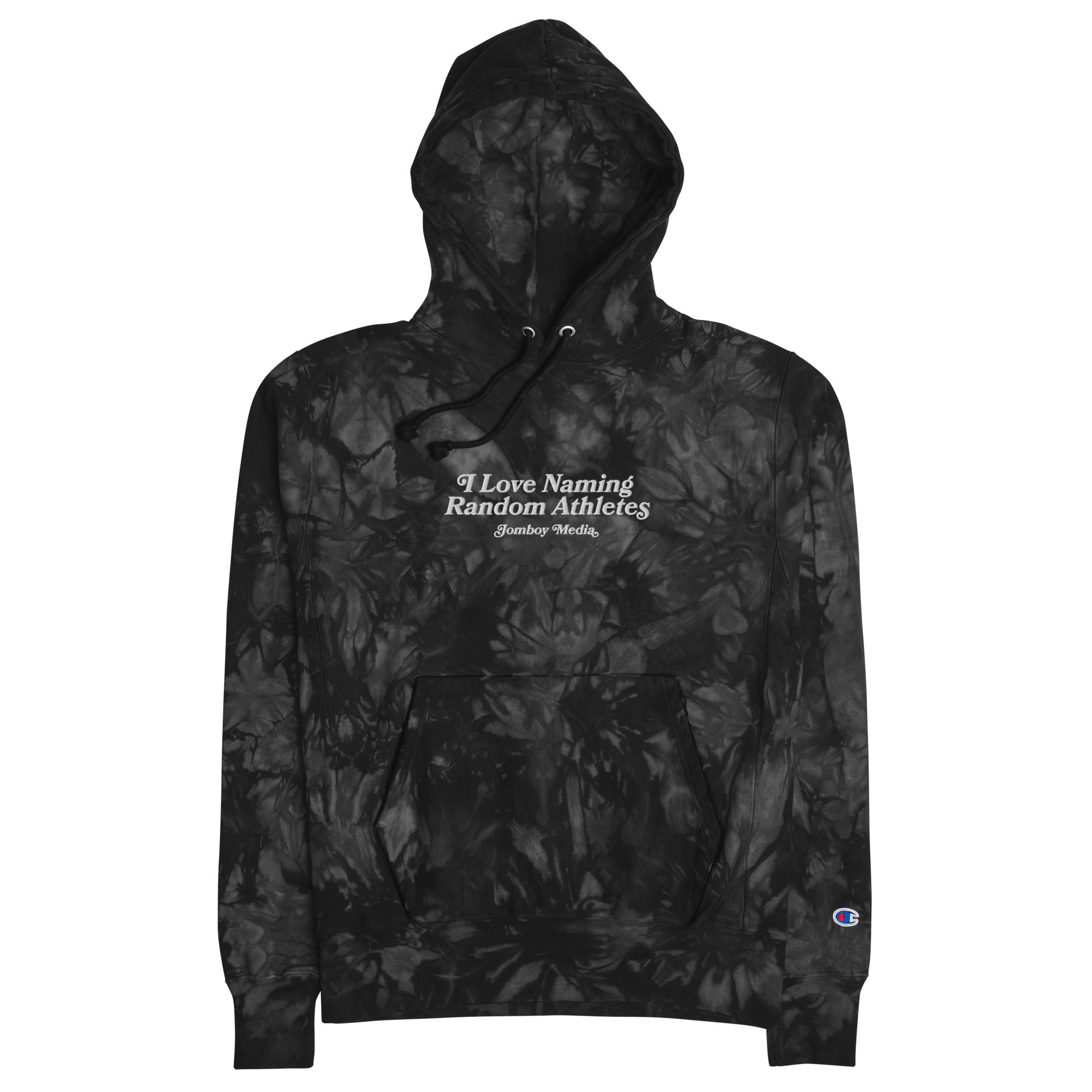 Black tie-dye hoodie with white embroidered text: "I Love Naming Random Athletes" and "Jomboy Media," featuring a front pocket and Champion logo.