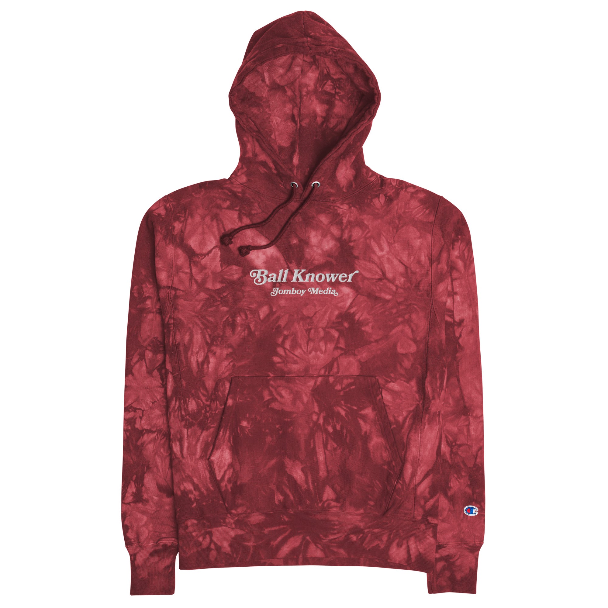 Red tie-dye hoodie with embroidered "Ball Knower" and "Jomboy Media" text, featuring a front pocket and adjustable drawstring hood.