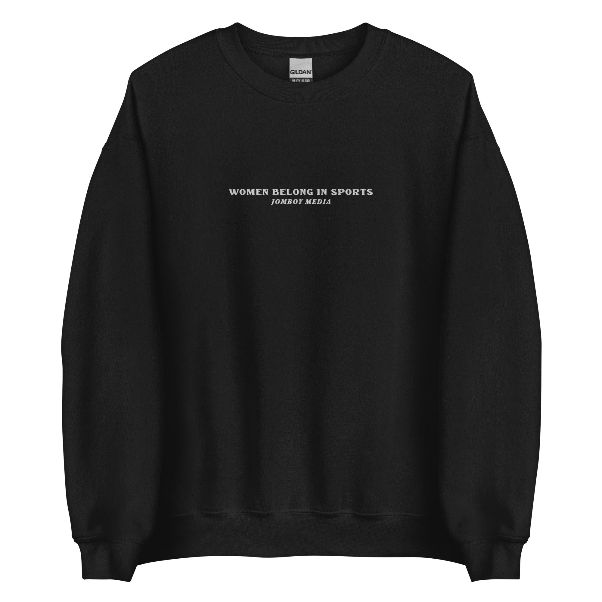 Black embroidered crewneck sweatshirt with "Women Belong in Sports" and "JomboY Media" text in white on the front.
