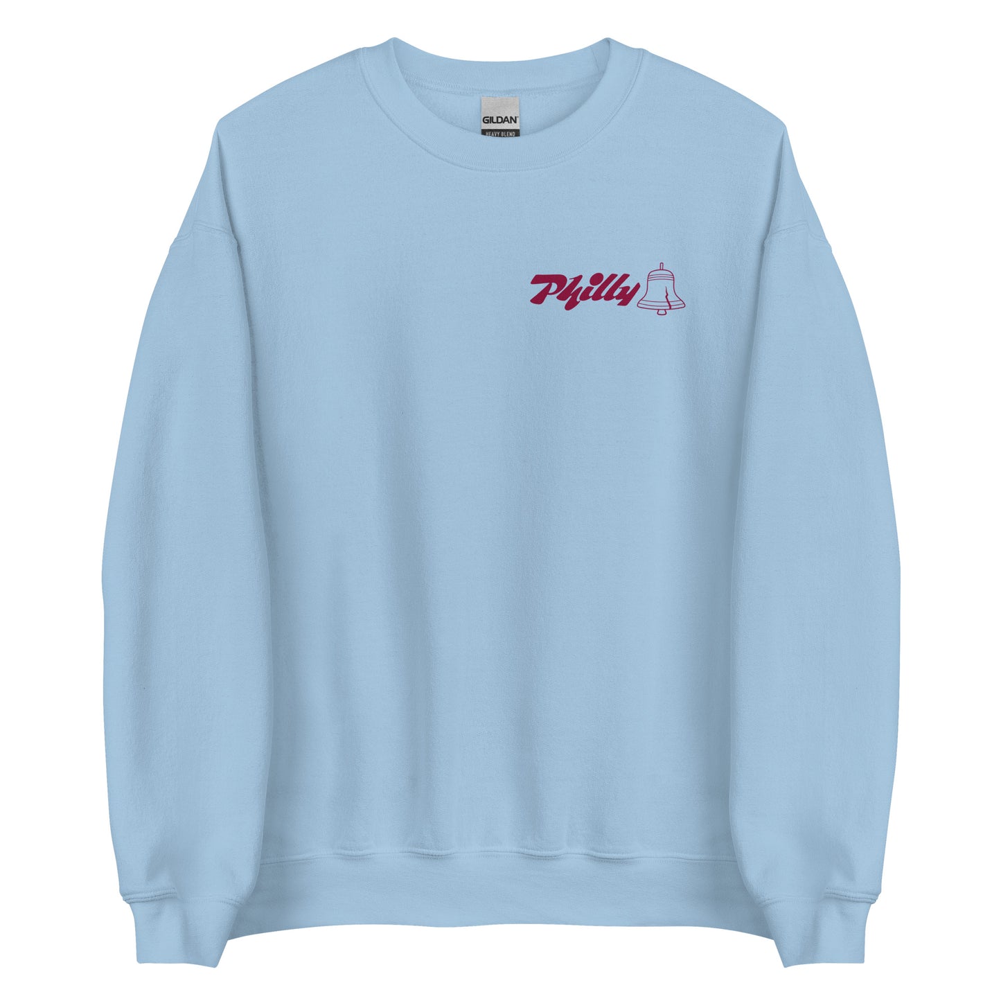 Light blue crewneck sweatshirt with "Philly" and a small bell graphic embroidered on the chest.