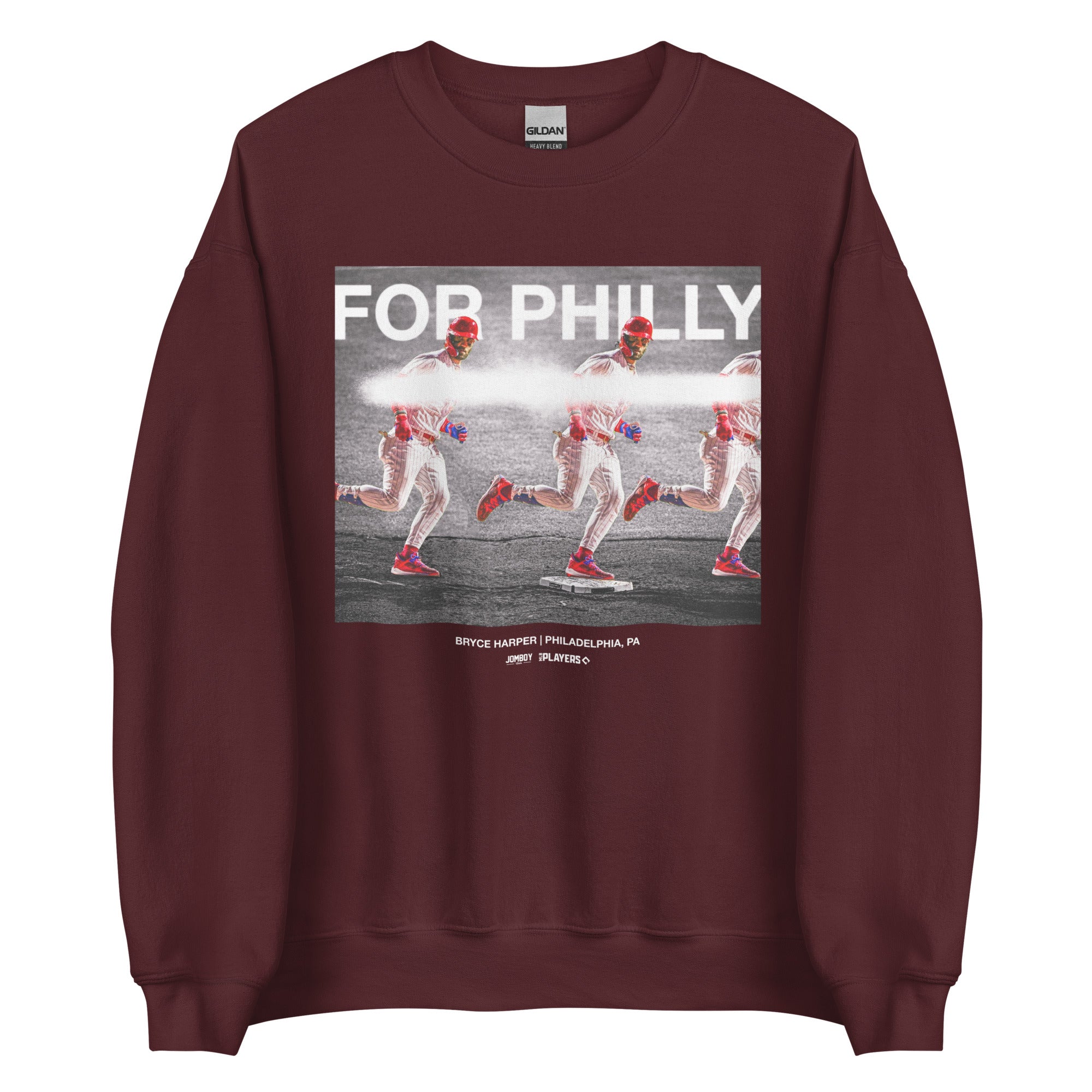 Maroon crewneck sweatshirt featuring Bryce Harper "For Philly" graphic with multiple images of Harper running, and text "For Philly.
