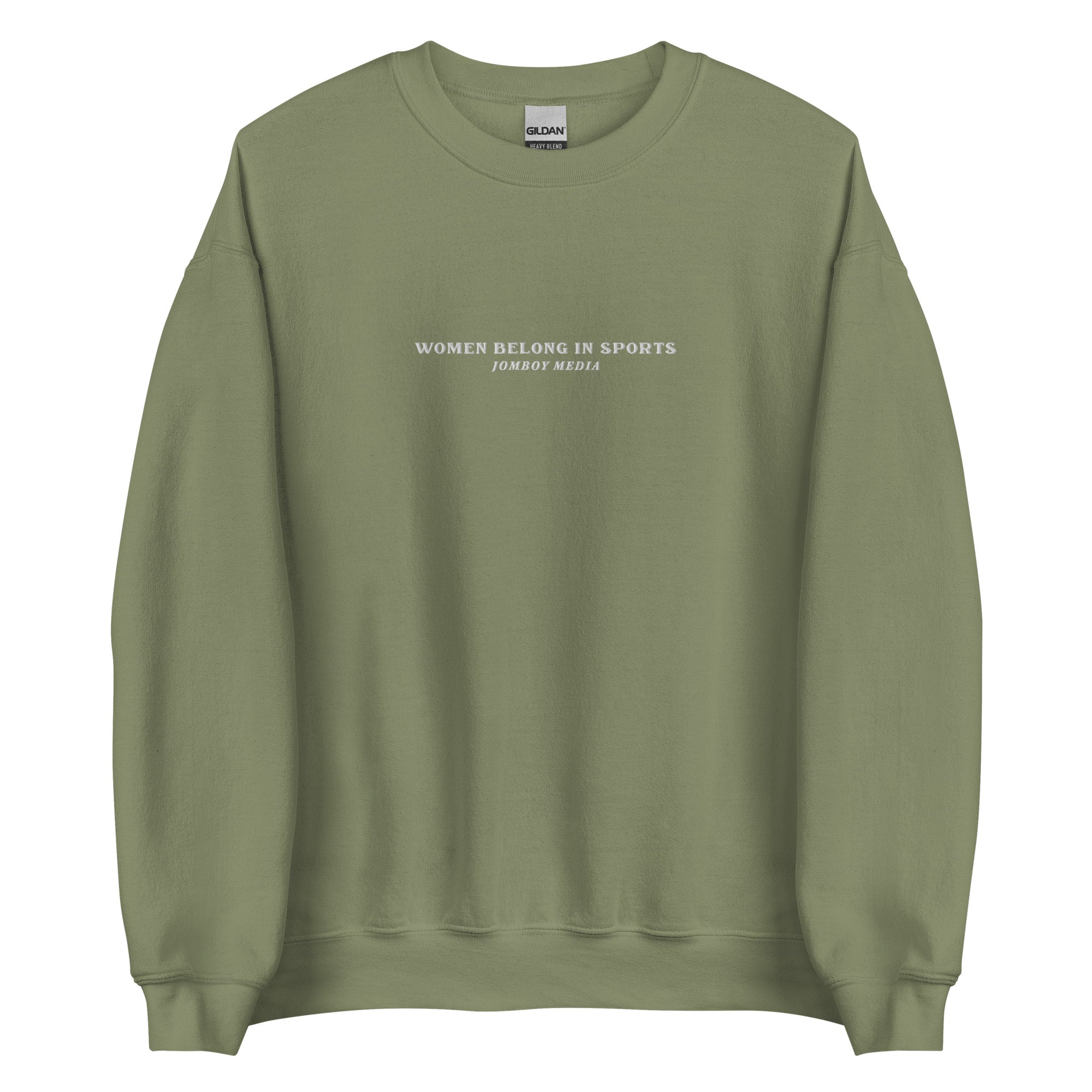 Olive green embroidered crewneck sweatshirt with "Women Belong in Sports" and "Jomboy Media" text on front.