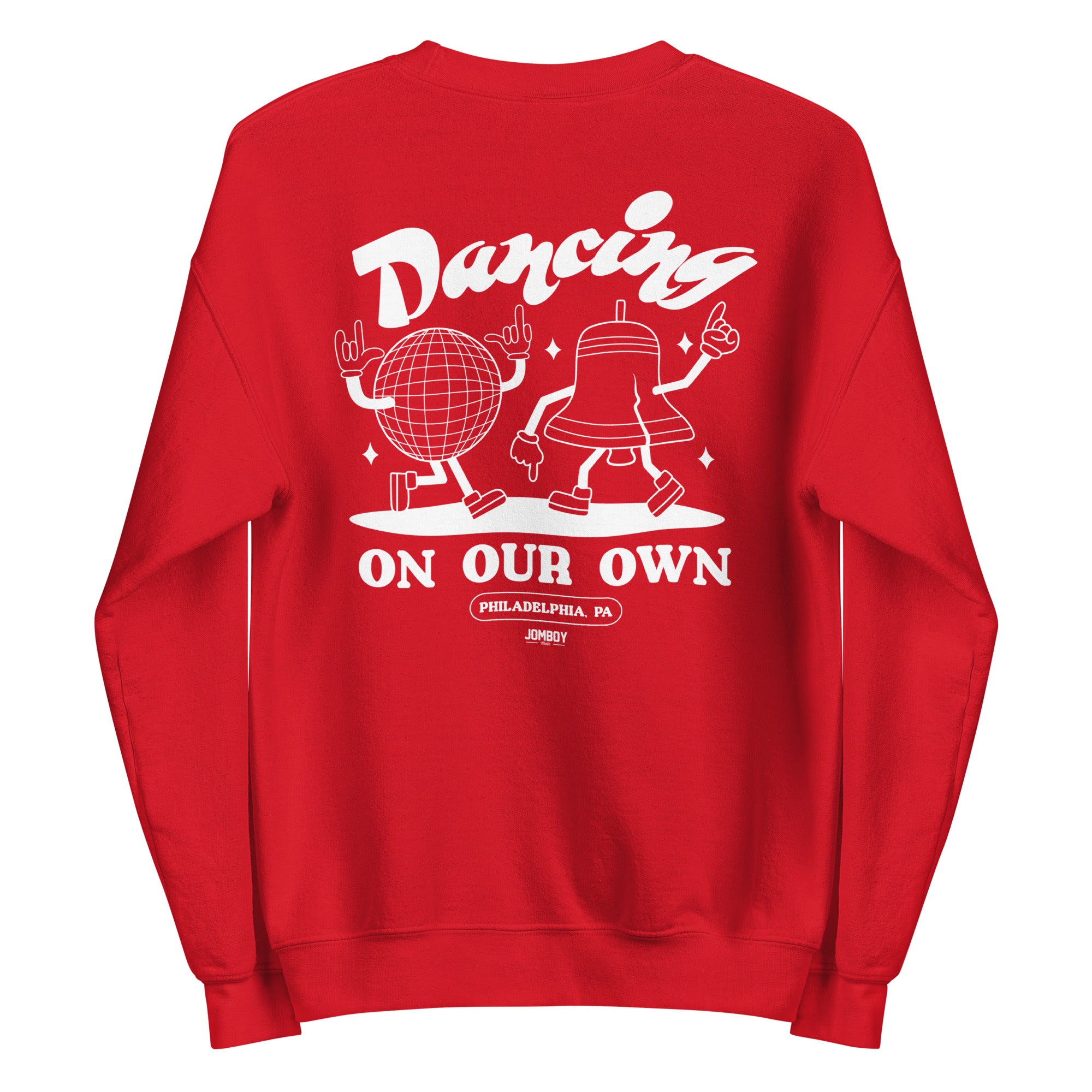 Red crewneck sweatshirt featuring playful white graphics of a disco ball and a bell dancing, with "Dancing In Philly" text.