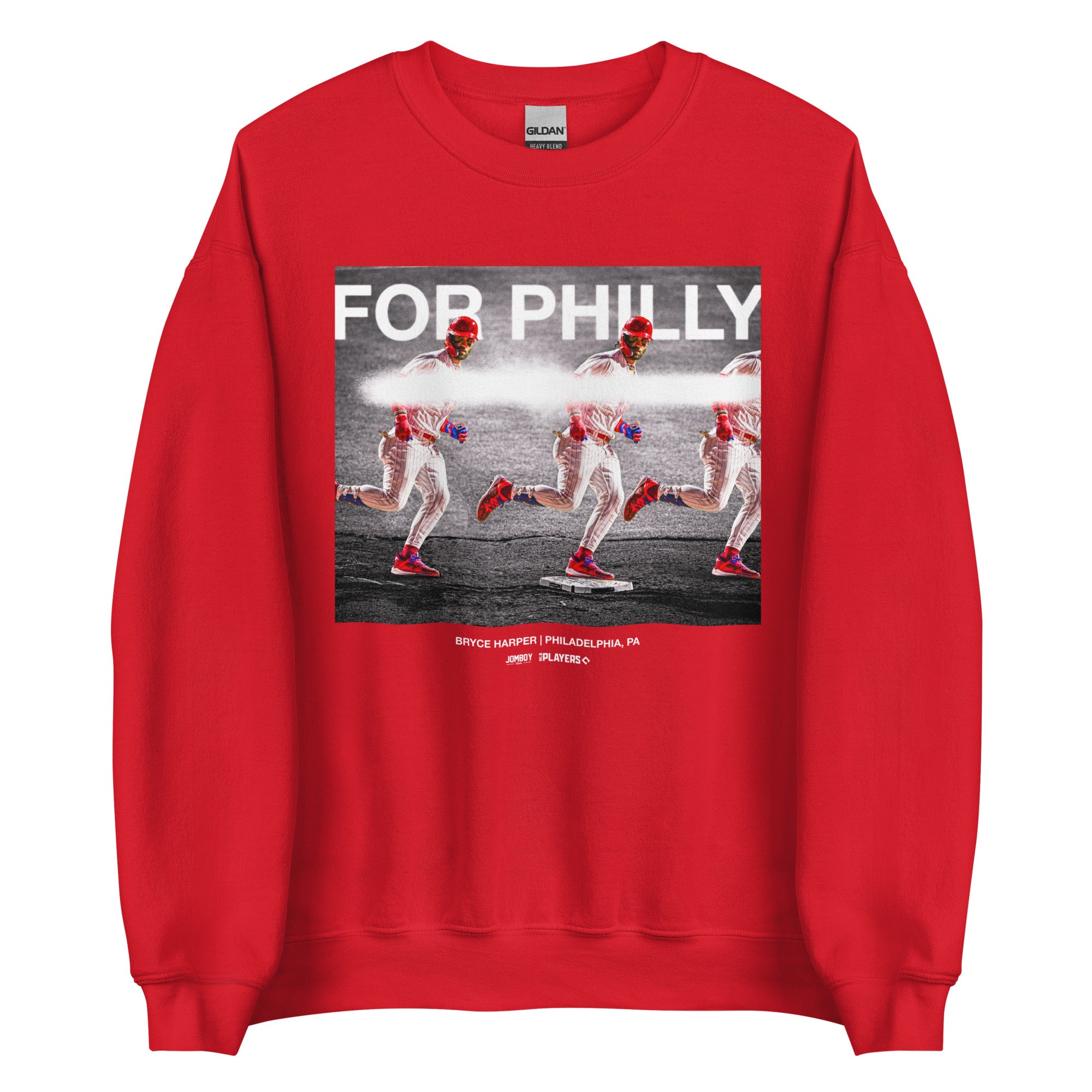 Red crewneck sweatshirt featuring a graphic of Bryce Harper running with "For Philly" text and details about Philadelphia, PA.