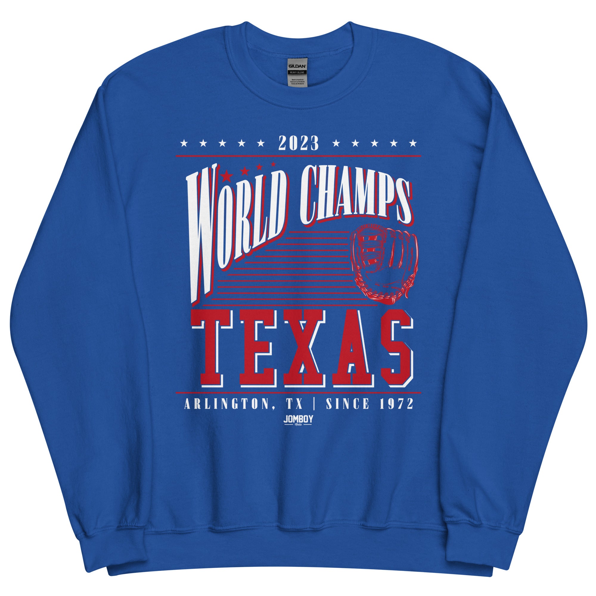 Blue crewneck sweatshirt featuring "2023 World Champs Texas" text, baseball glove graphic, and Arlington, TX since 1972.