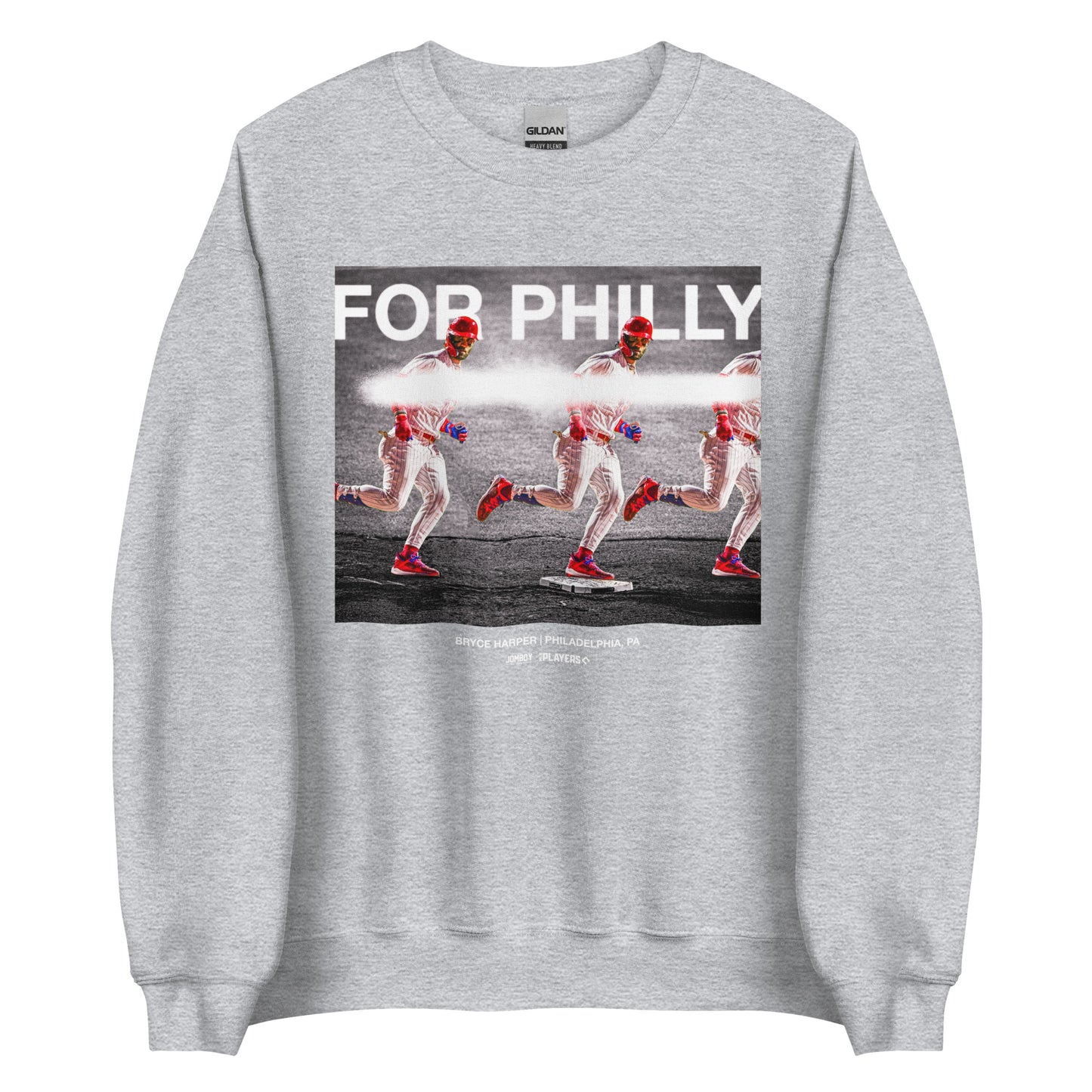 Gray crewneck sweatshirt featuring a graphic of Bryce Harper running, with "FOR PHILLY" text and additional details below.