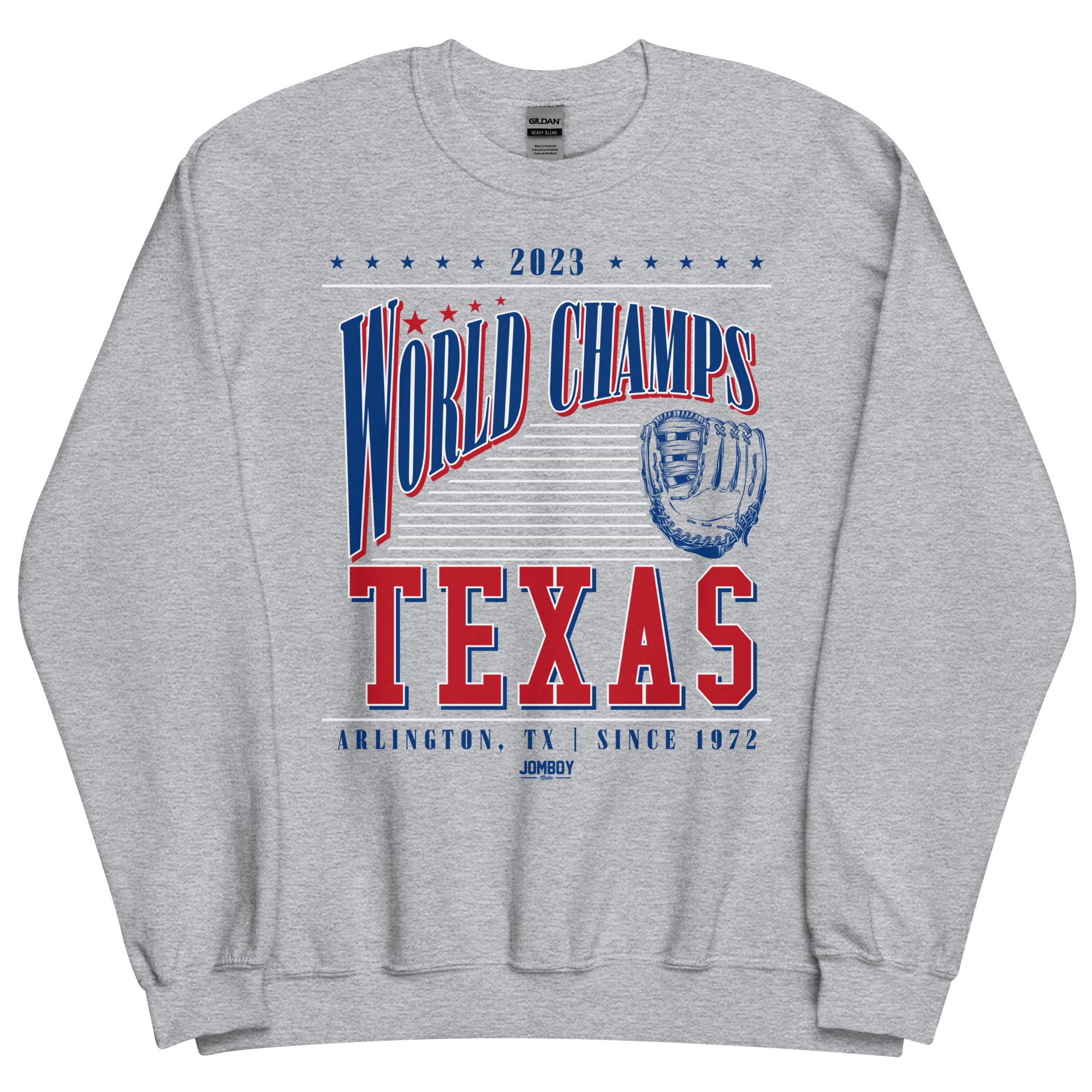 Gray crewneck sweatshirt featuring bold red, white, and blue text celebrating the 2023 World Champs in Arlington, TX, with a baseball glove graphic.
