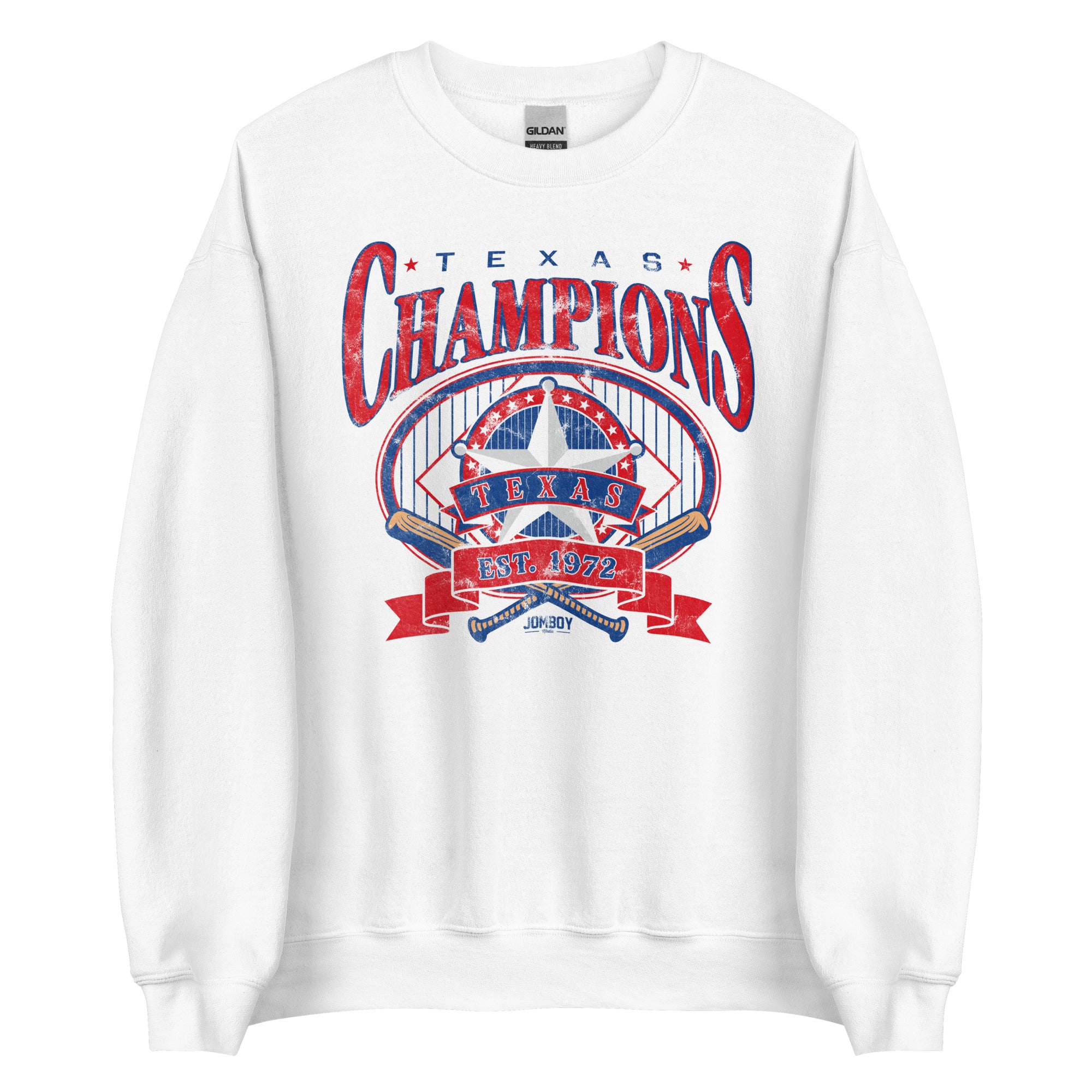 White crewneck sweatshirt featuring a red, blue, and white graphic design celebrating Texas champions, established 1972.