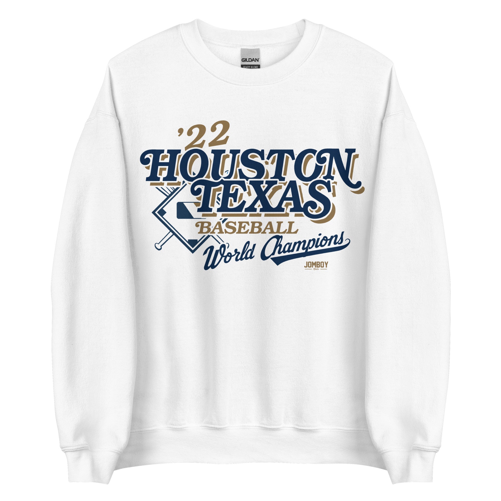 White crewneck sweatshirt featuring vintage-style text and graphics celebrating Houston, Texas, baseball world champions of 2022.