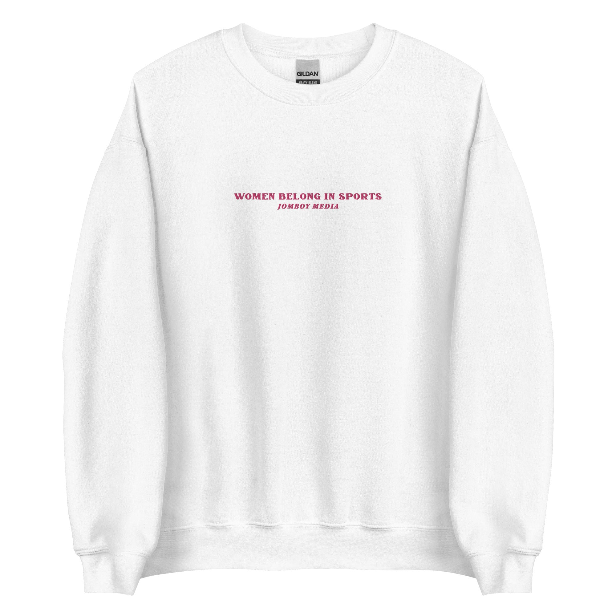 White embroidered crewneck sweatshirt with pink text: "Women Belong in Sports" and "Jombo Media" underneath.