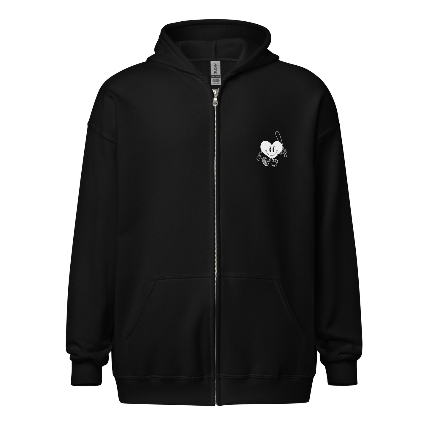 Black zip-up hoodie with a small embroidered heart character holding a fishing rod on the chest, featuring the text "I'M NOT DOING THAT.