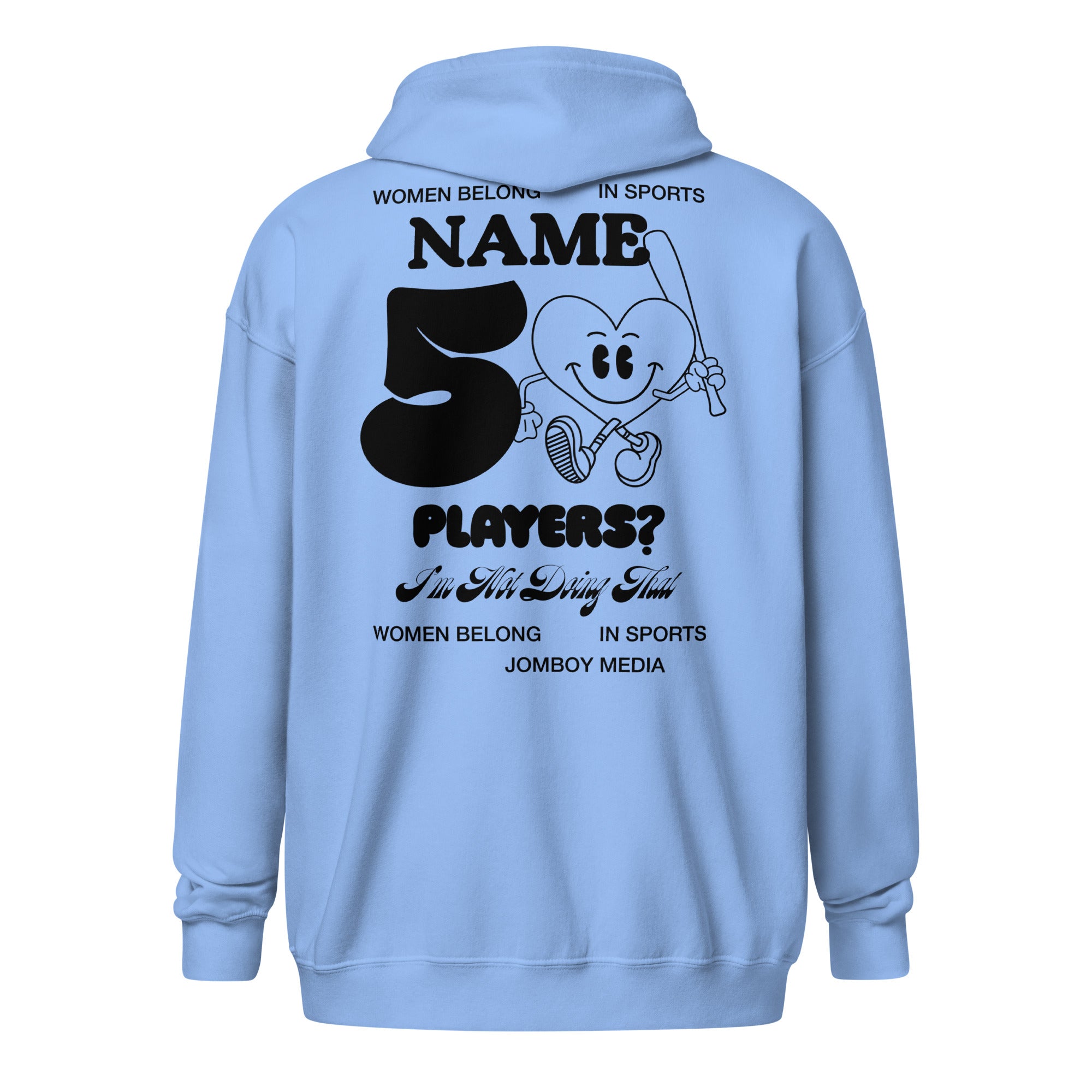Light blue zip-up hoodie featuring bold black text and a cartoon heart character holding a fishing rod, with playful phrases and design.