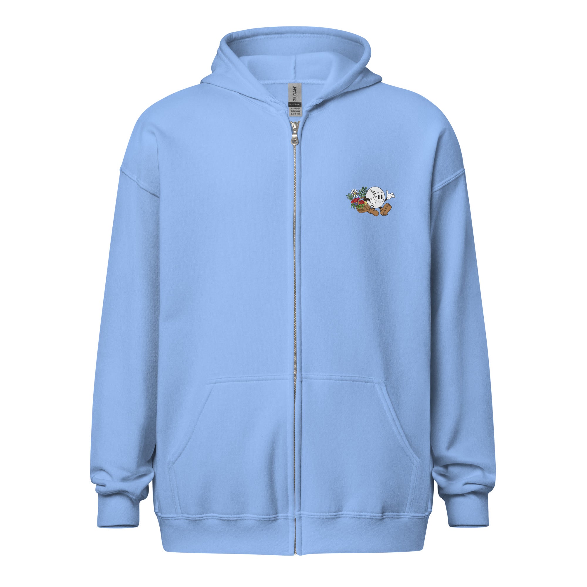 Light blue zip-up hoodie featuring a small embroidered baseball girl character holding flowers on the chest.