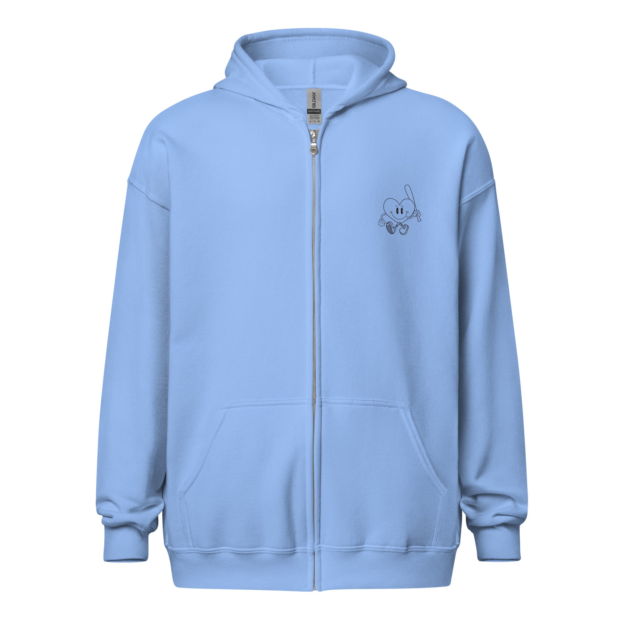 Light blue zip-up hoodie featuring a small embroidered heart character holding a fishing rod on the chest, with "I'M NOT DOING THAT" text.