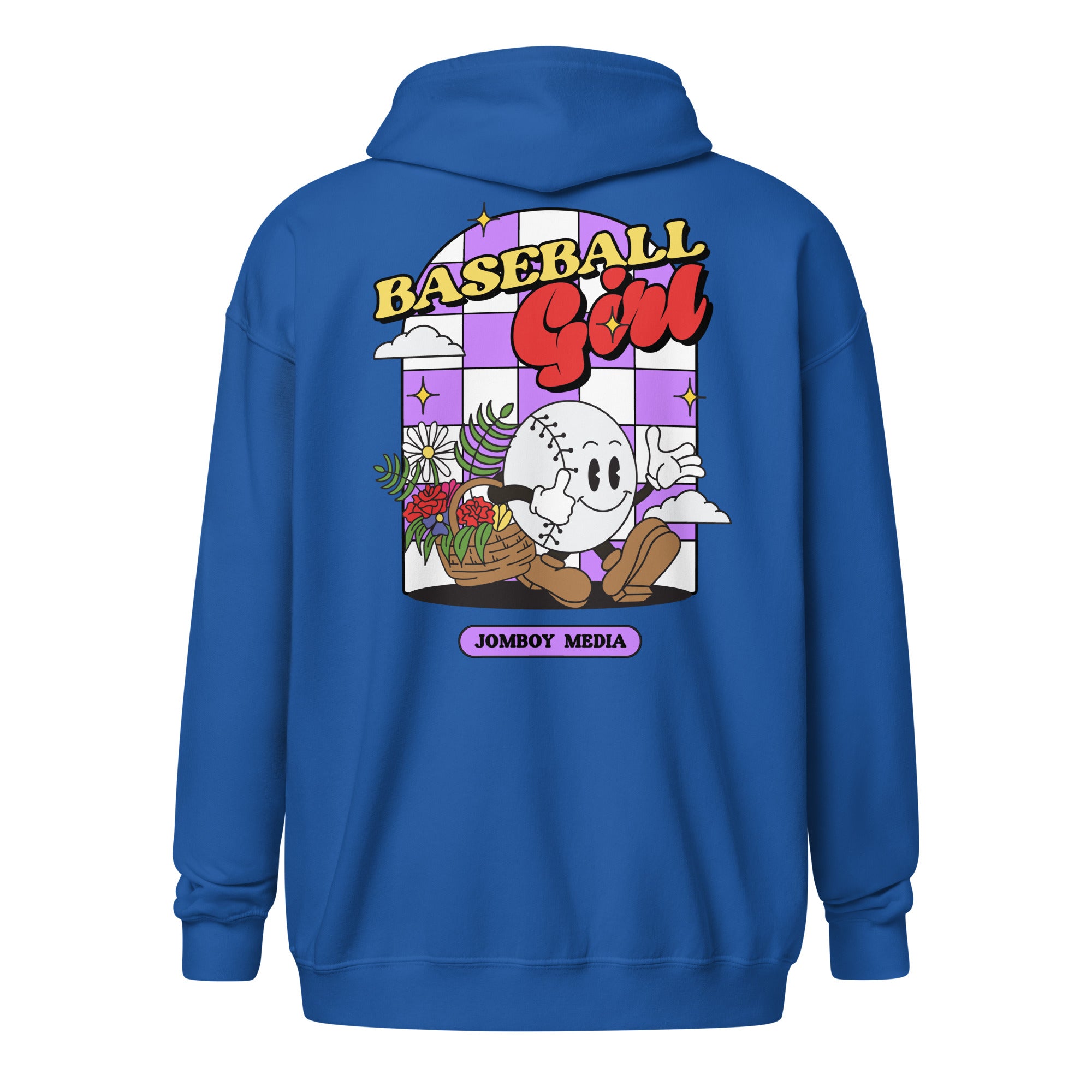 Blue zip-up hoodie featuring a colorful cartoon baseball girl graphic, with "BASEBALL GIRL" text and "JOMBOY MEDIA" label.