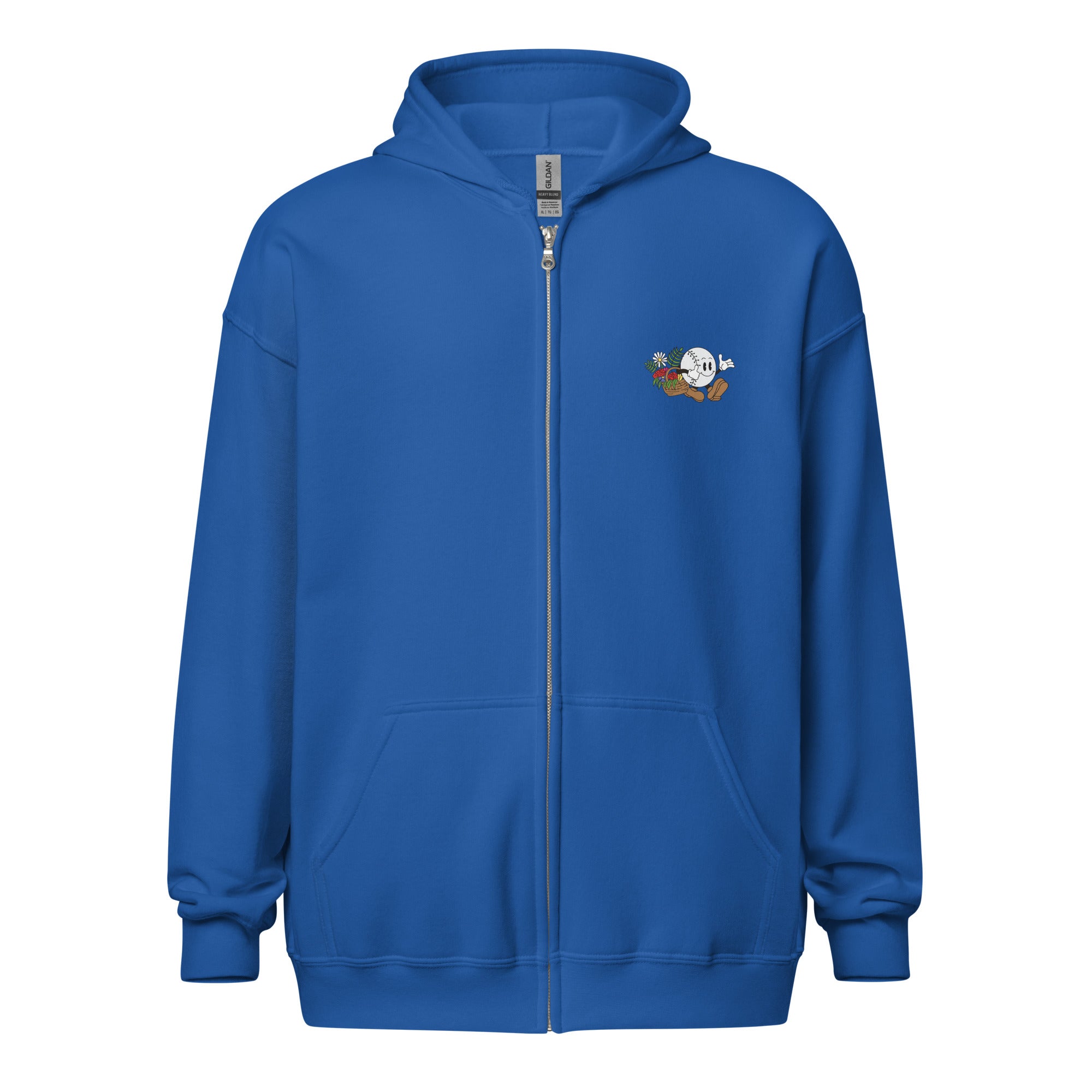 Blue zip-up hoodie featuring a small embroidered baseball girl character with a baseball, flowers, and a basket on the chest.