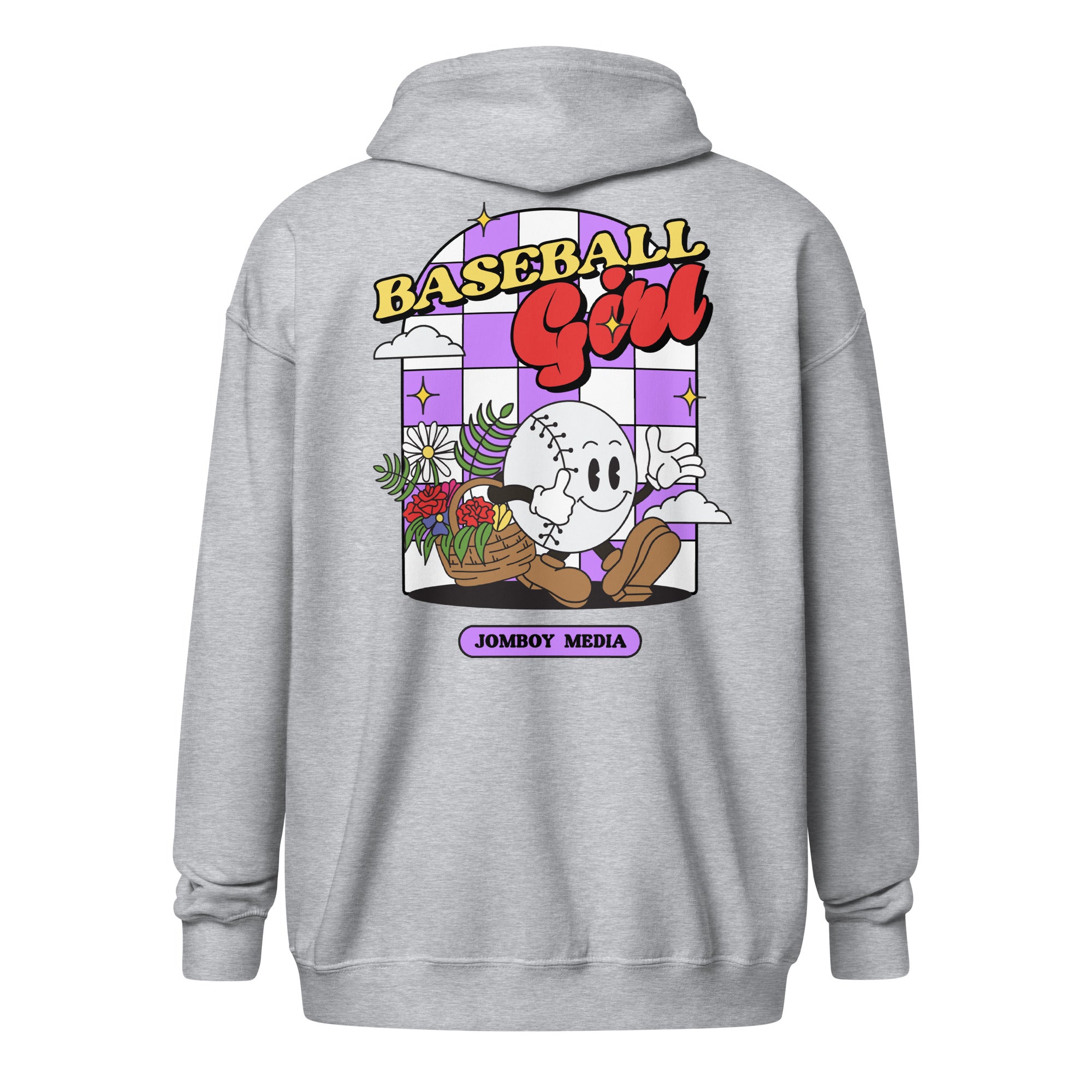 Gray zip-up hoodie featuring a colorful cartoon baseball girl graphic, floral accents, clouds, and "BASEBALL Girl" text.