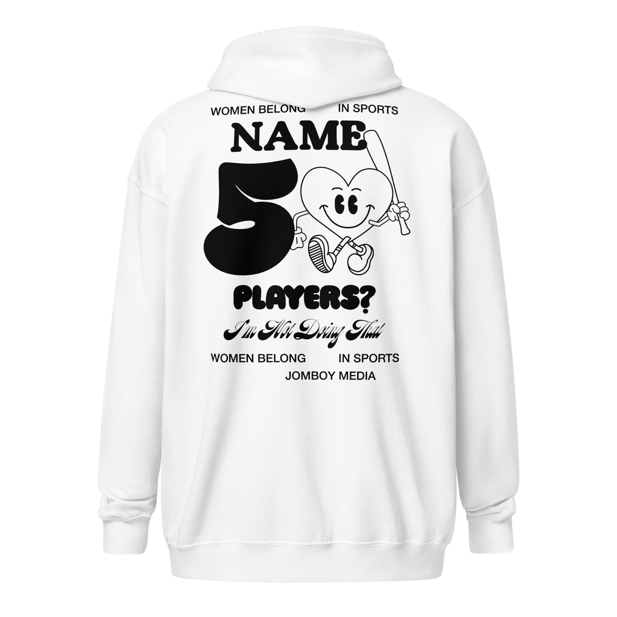 White zip-up hoodie with bold black text and a cartoon heart character holding a fishing rod, featuring playful phrases and design.