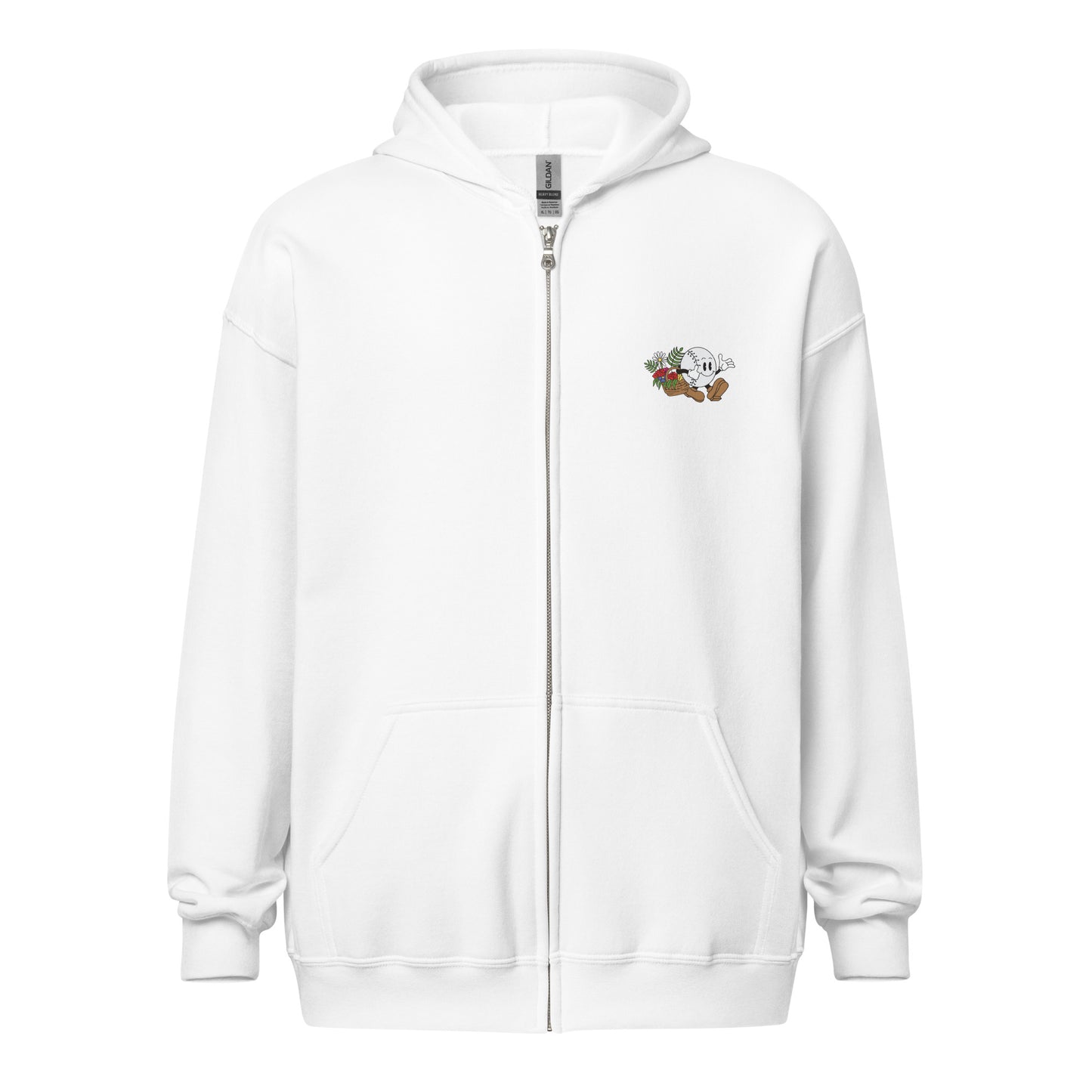 White zip-up hoodie featuring a small embroidered baseball girl character with a baseball glove and flowers on the chest.