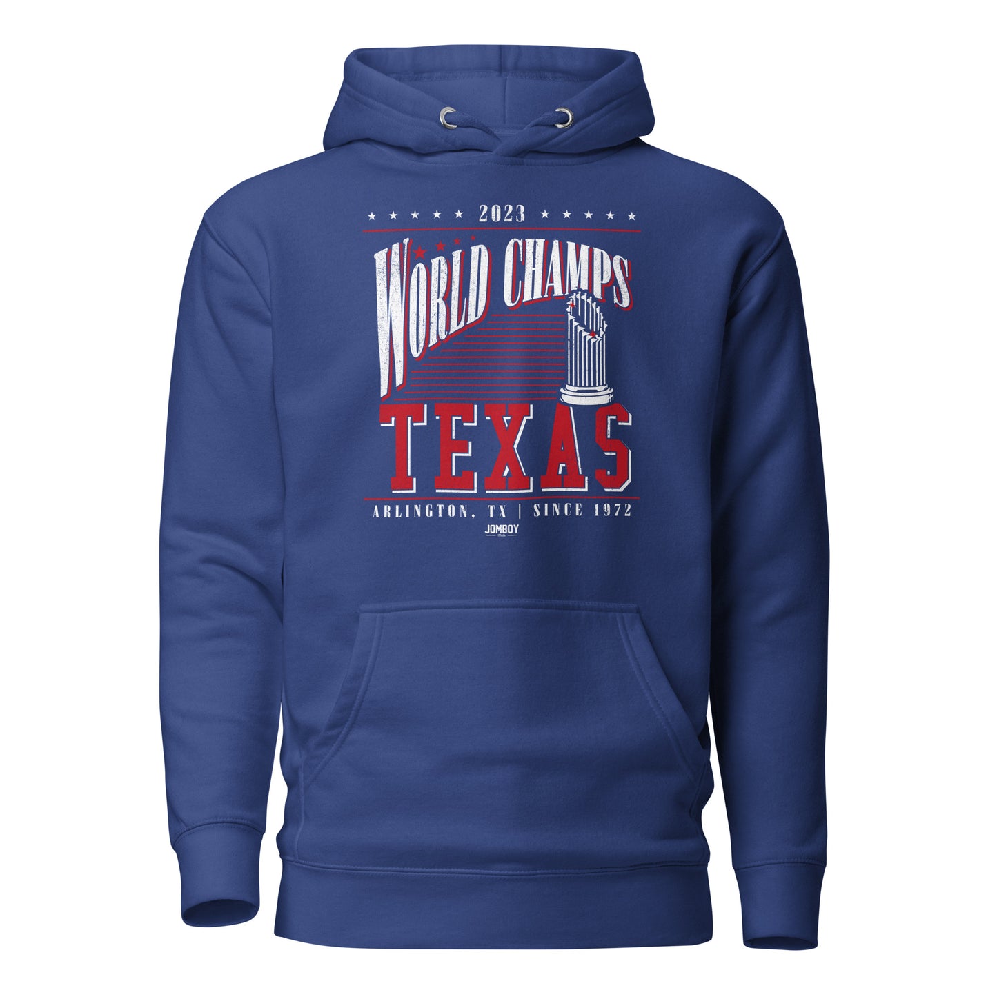 Blue premium cotton hoodie featuring "2023 World Champs Texas" text, a trophy graphic, and Arlington, TX since 1972.