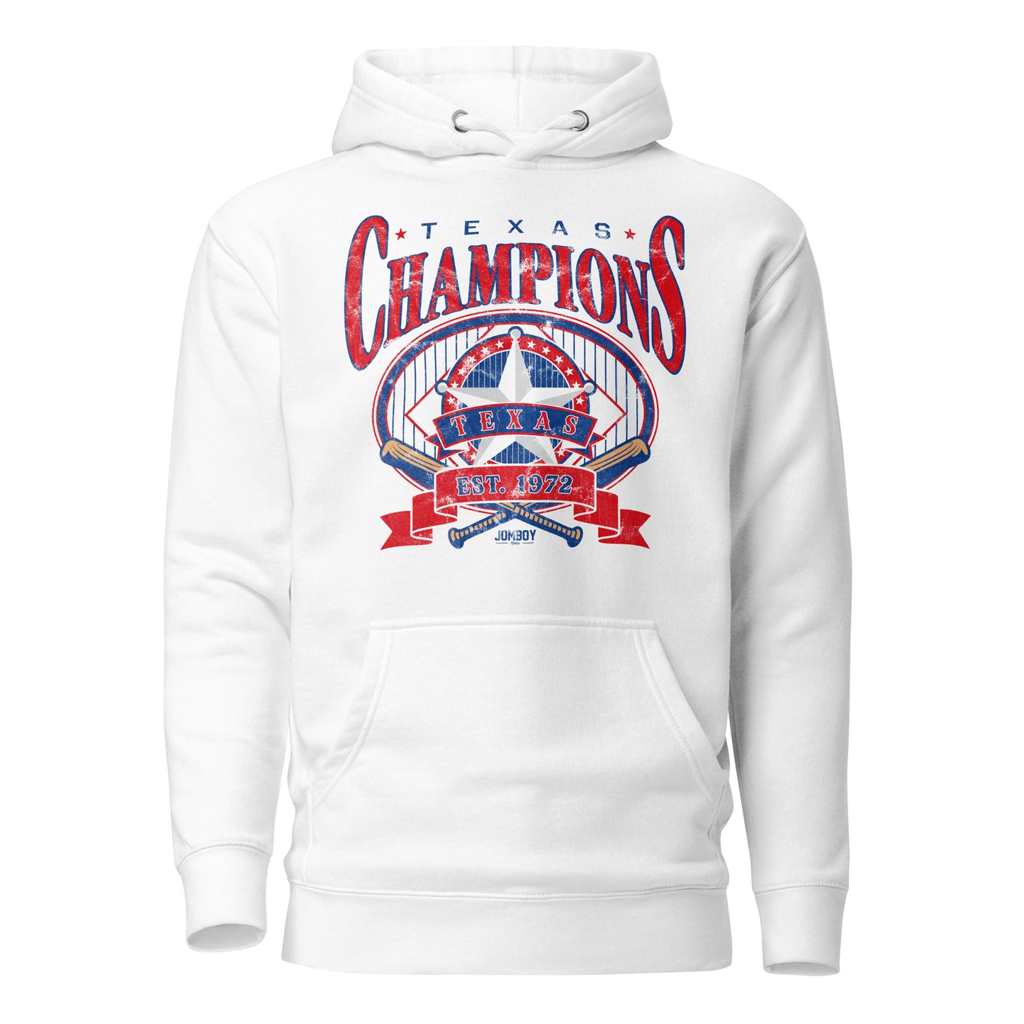 White premium cotton hoodie featuring a bold red, blue, and white Texas Champions graphic with stars, a star emblem, and "Est. 1972" text.