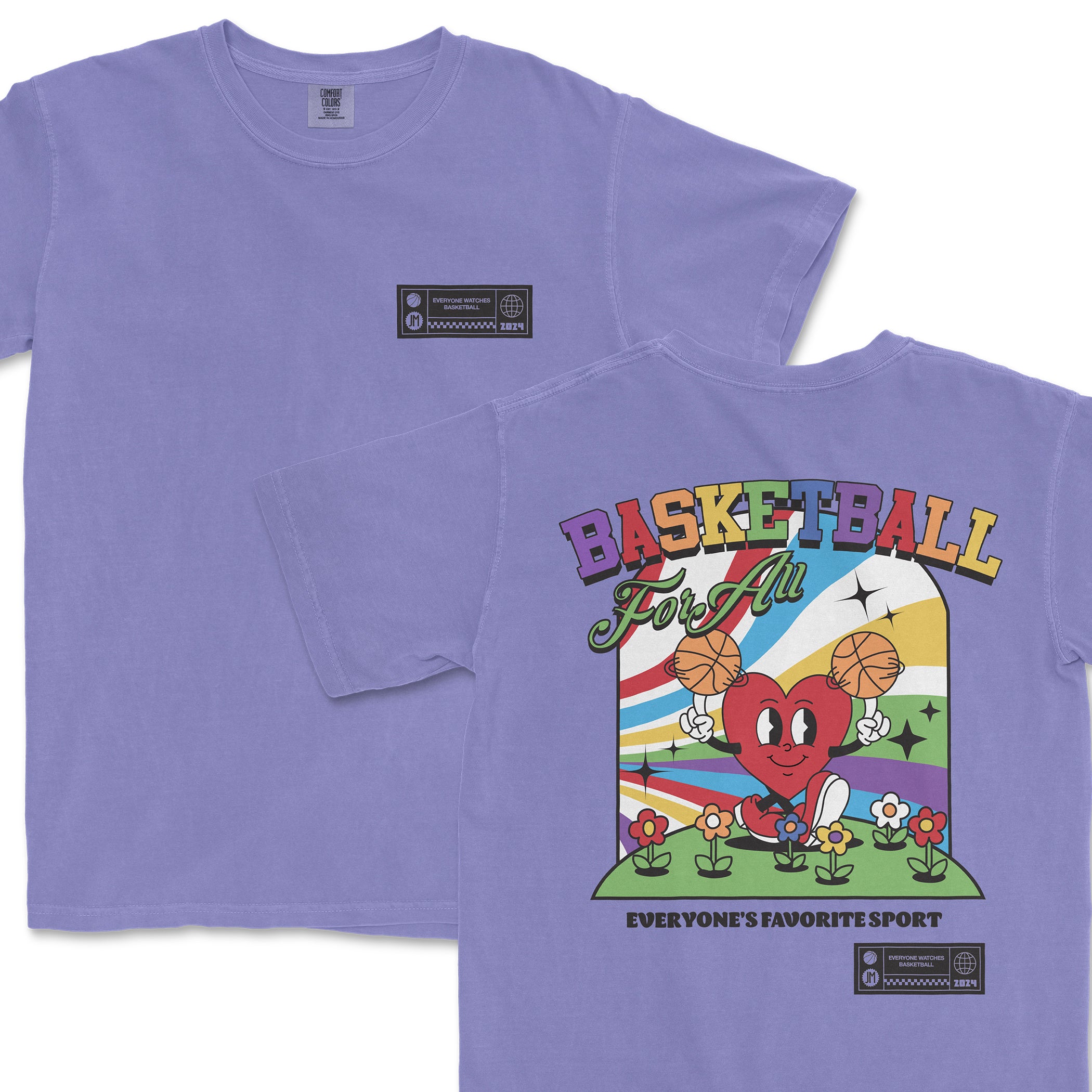 Lavender Comfort Colors T-shirt featuring colorful "Basketball For All" graphic with a heart character holding basketballs and rainbow background.