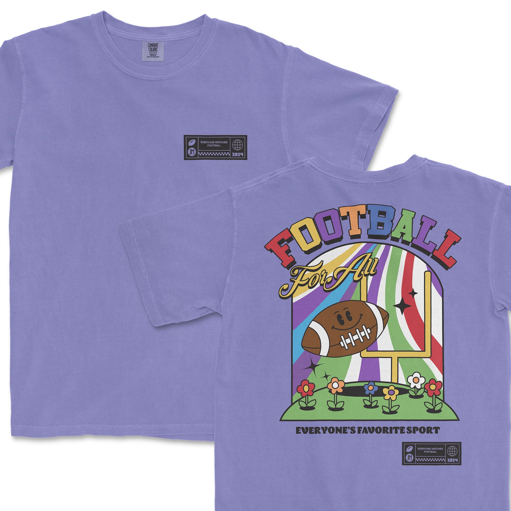 Purple Comfort Colors T-shirt featuring colorful "Everyone Watches Football" graphic with a football, goalpost, and flowers.