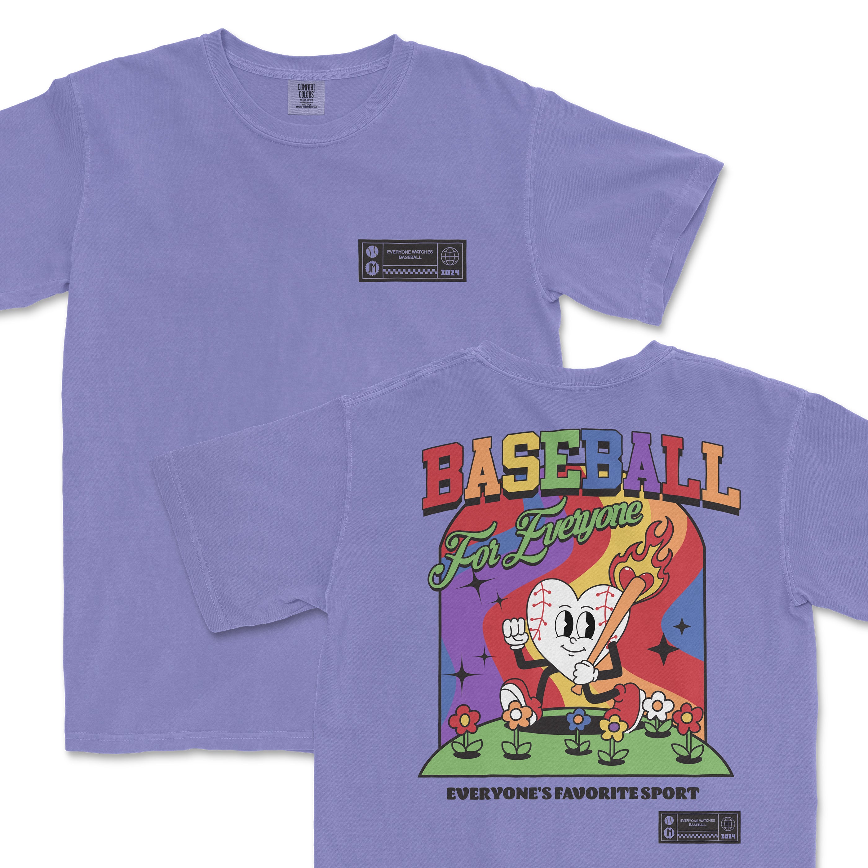Purple t-shirt featuring a cartoon character with a baseball, flames, and flowers, promoting baseball as everyone's favorite sport.