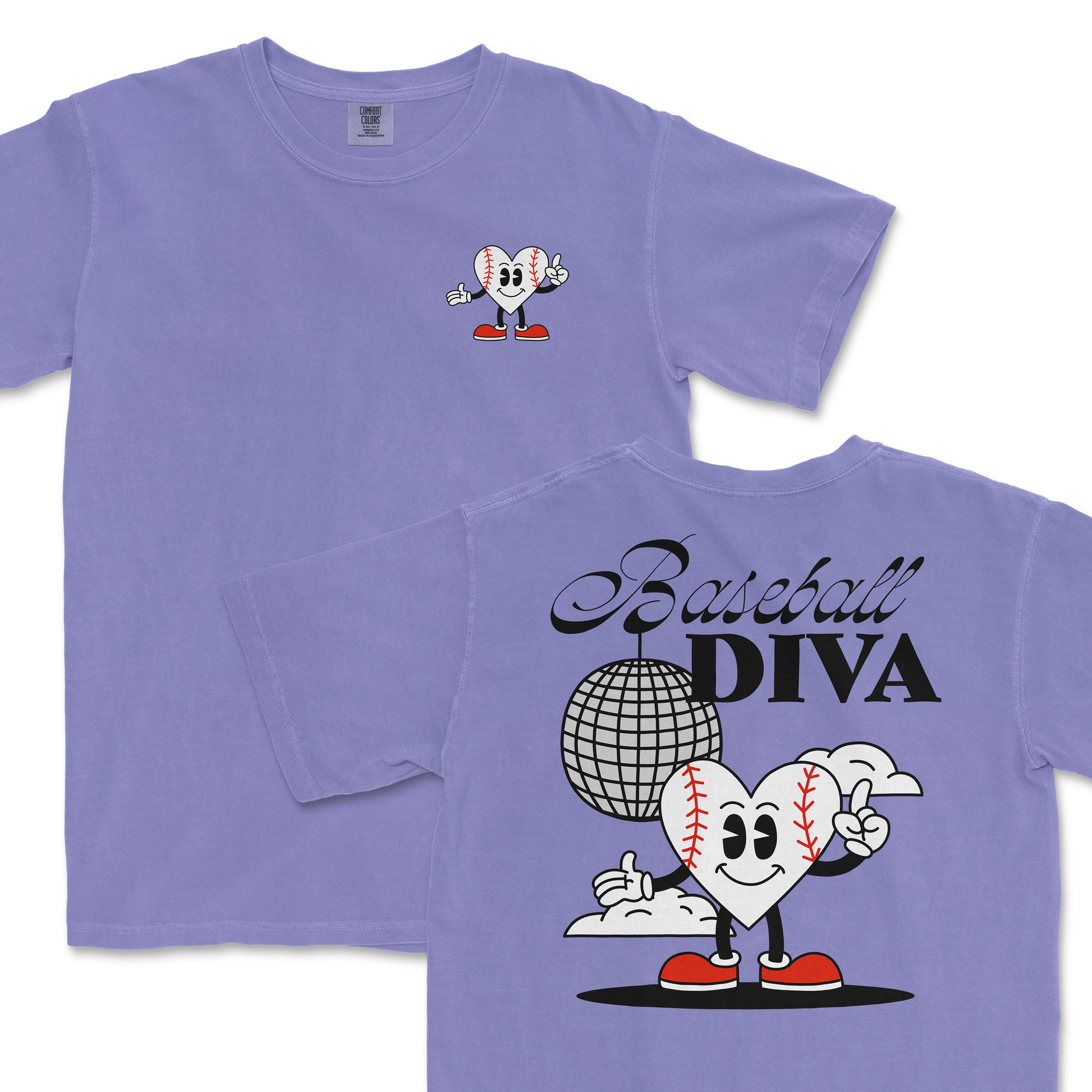 Light purple Comfort Colors tee featuring a cartoon baseball character with a heart-shaped face, red shoes, and a disco ball, with "Baseball Diva" text on the back.