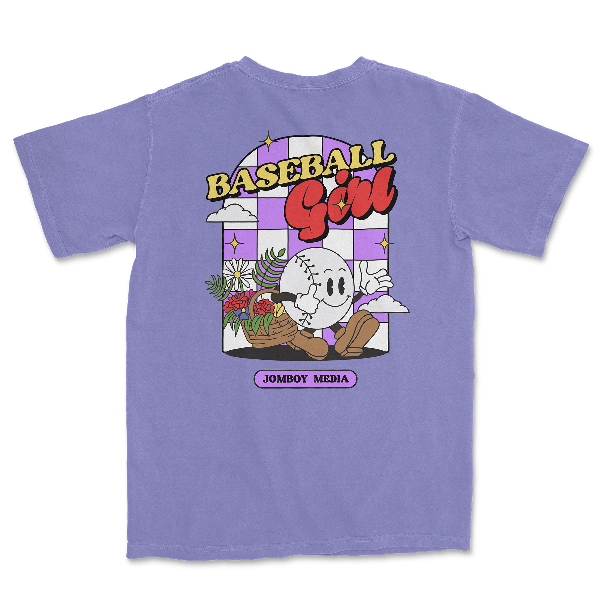 Purple Comfort Colors tee featuring a cartoon baseball girl holding a basket of flowers with "Baseball Girl" text and "Jombo Media" label.