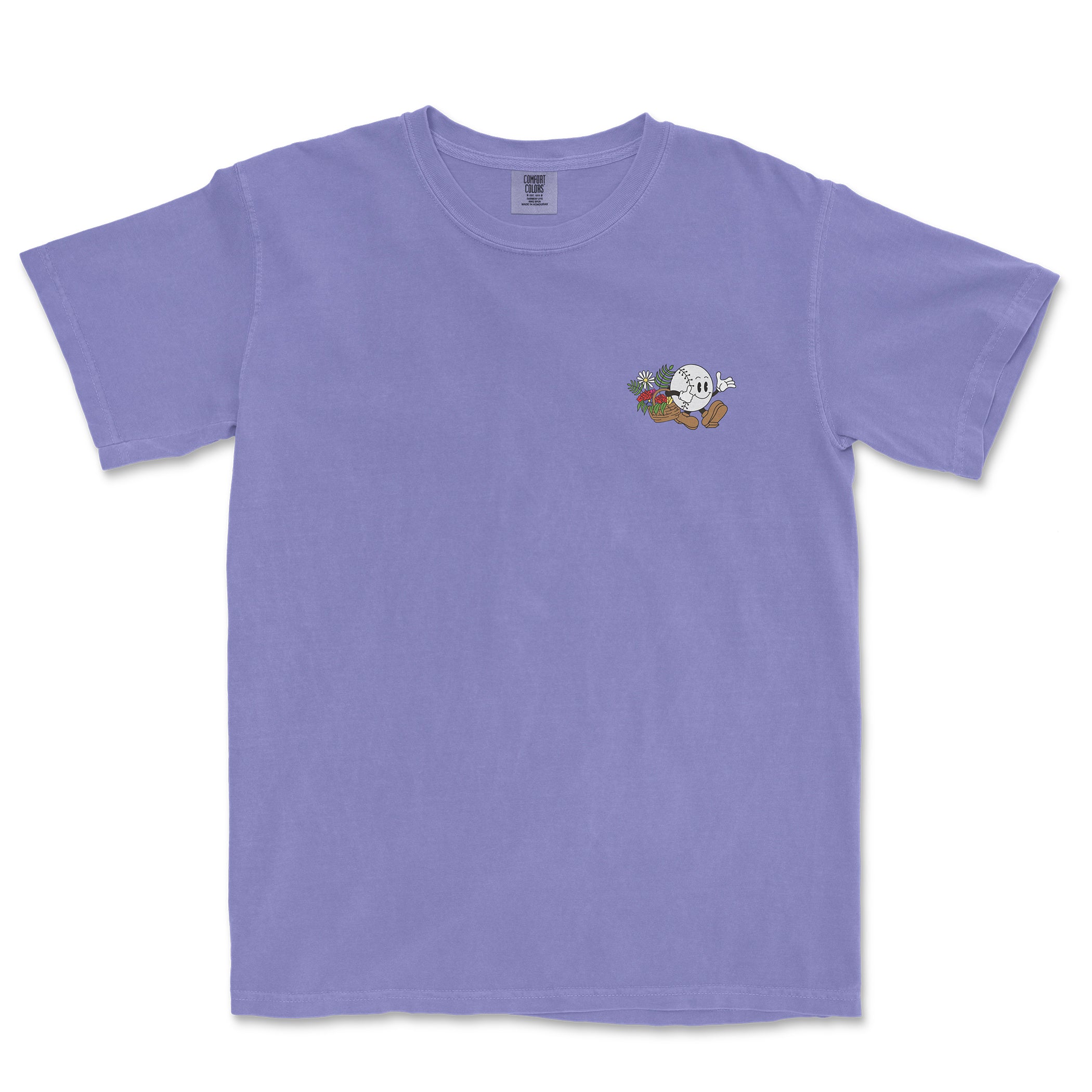 Comfort Colors lavender tee featuring a small embroidered baseball girl holding flowers on the chest.