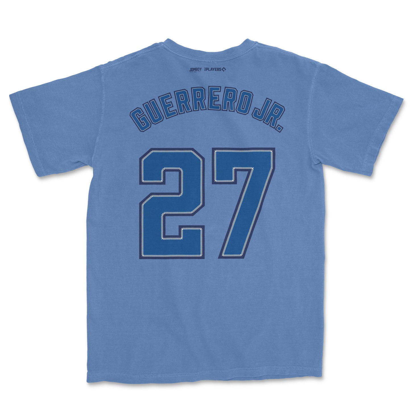 Blue Vladimir Guerrero Jr. baseball jersey with his name, number 27, printed on the back in bold, outlined letters.