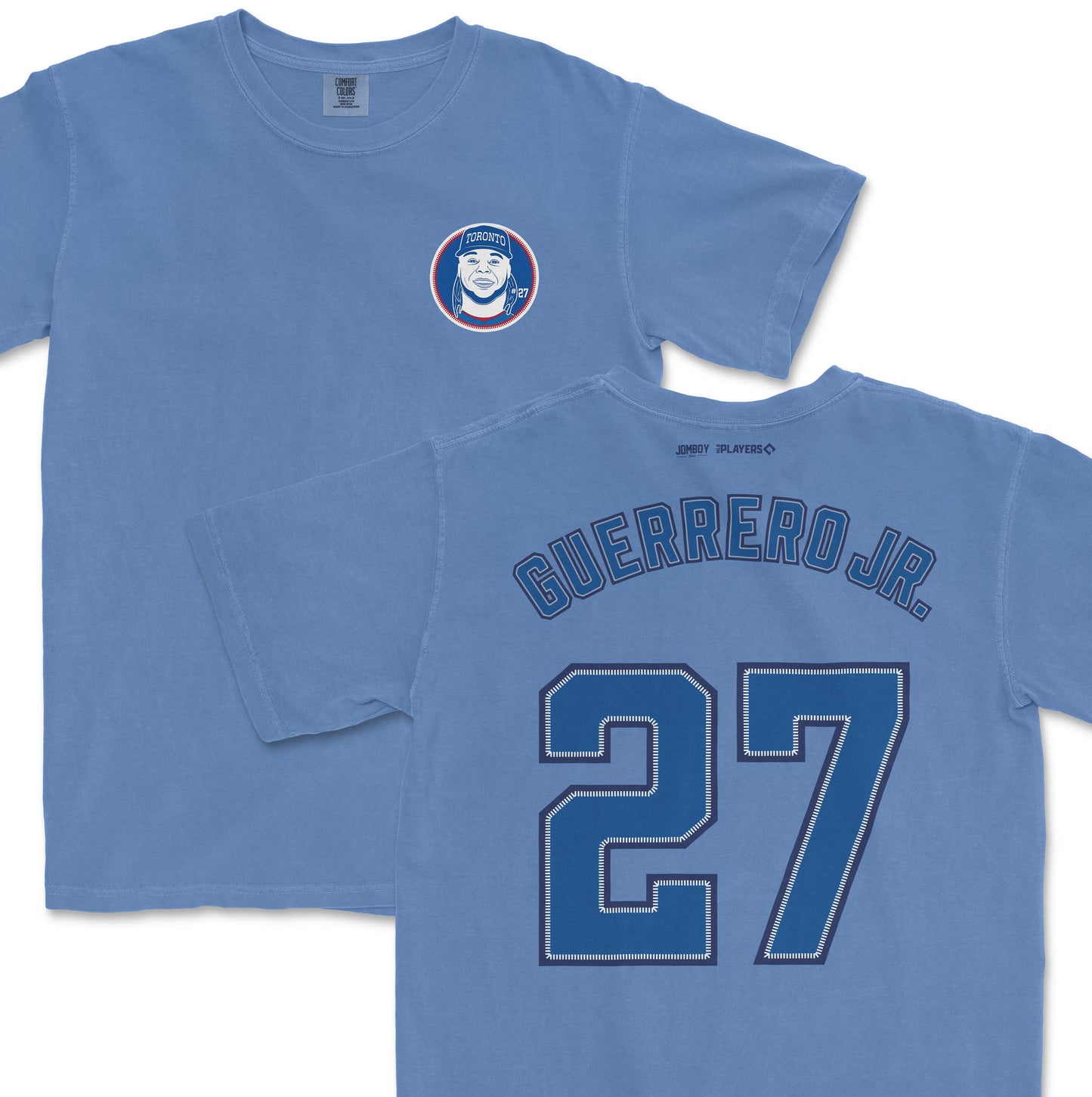Blue Vladimir Guerrero Jr. baseball shirsey with team logo on front and "GUERRERO JR. 27" on back.
