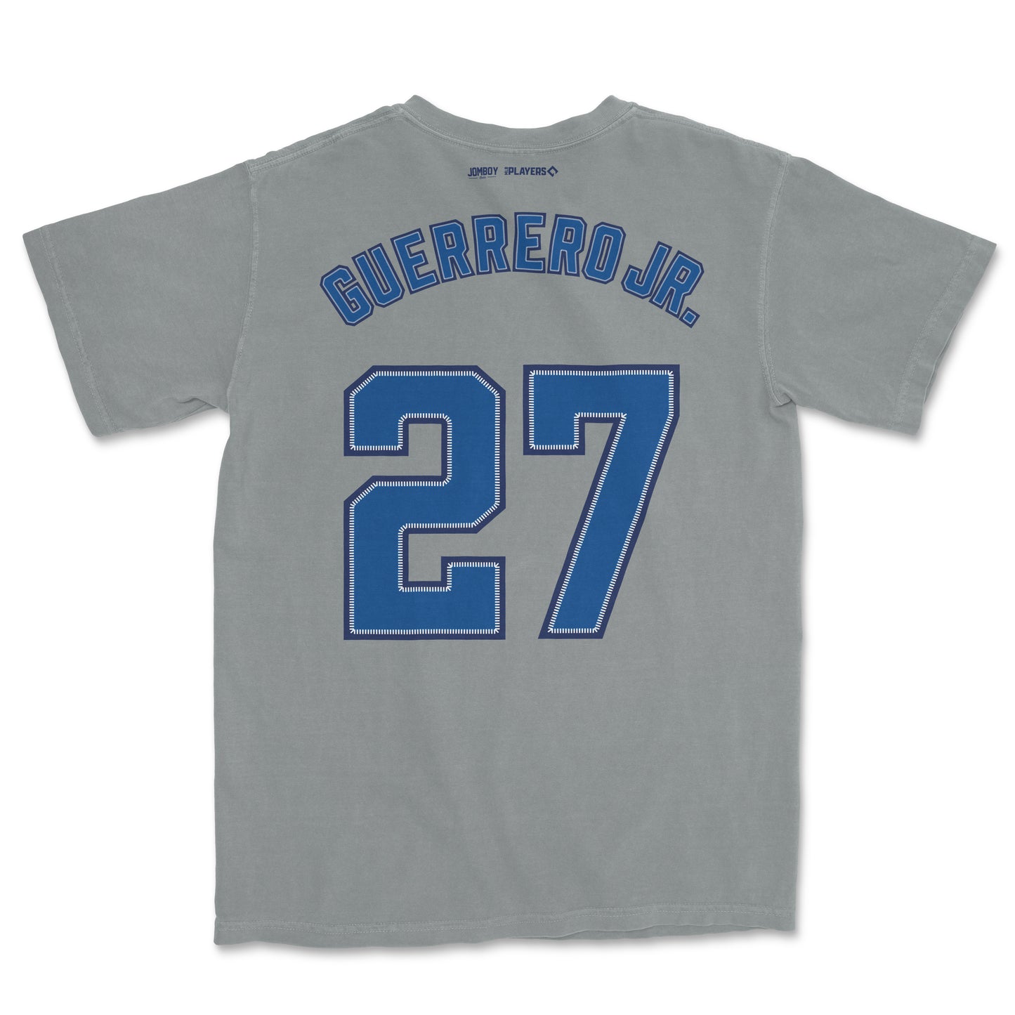 Gray Vladimir Guerrero Jr. baseball jersey with blue number 27 and "GUERRERO JR." on the back.
