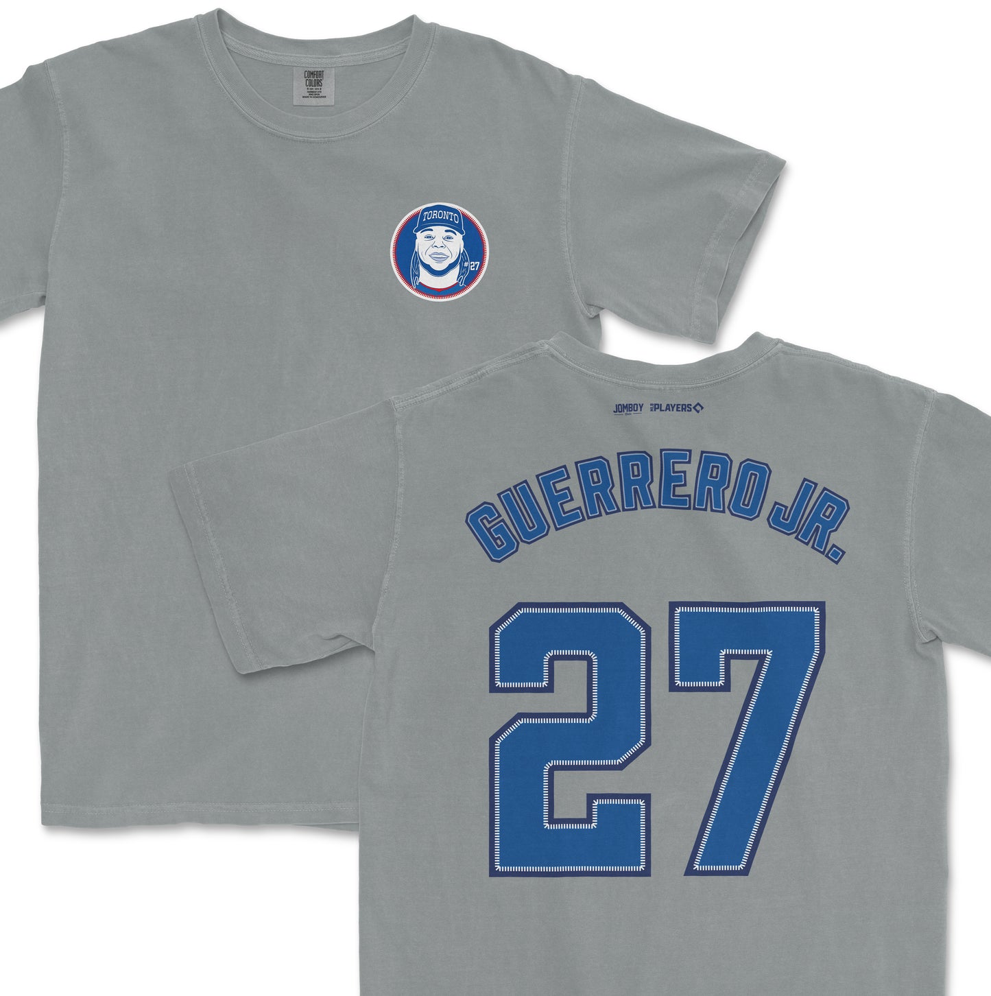 Gray Vladimir Guerrero Jr. Toronto Blue Jays jersey with his name and number 27 on the back, and a team logo on the front.