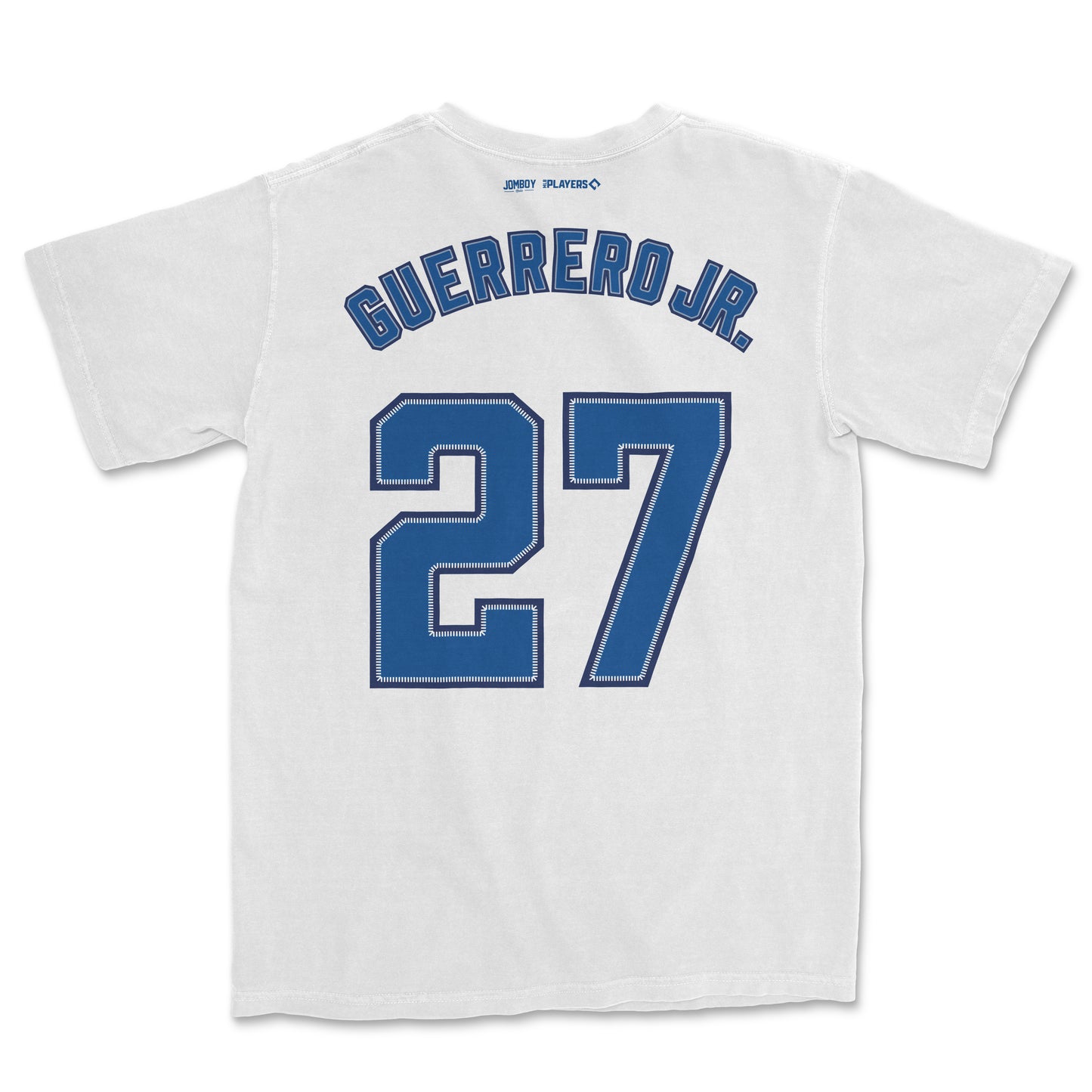 White Vladimir Guerrero Jr. baseball jersey with blue number 27 and "GUERRERO JR." name on the back.