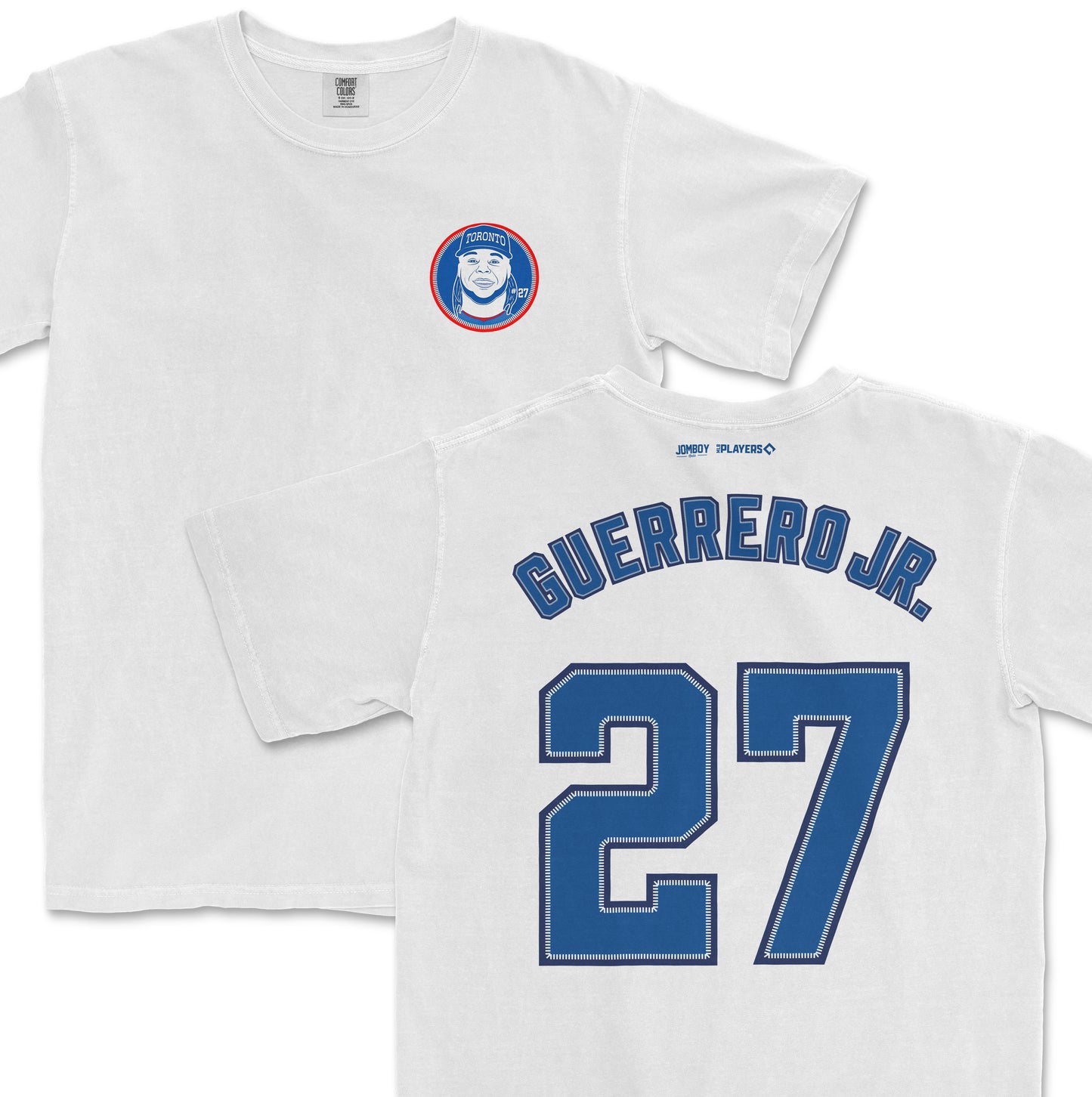 White Vladimir Guerrero Jr. baseball shirsey with blue and red team logo on front and "GUERRERO JR. 27" on back.