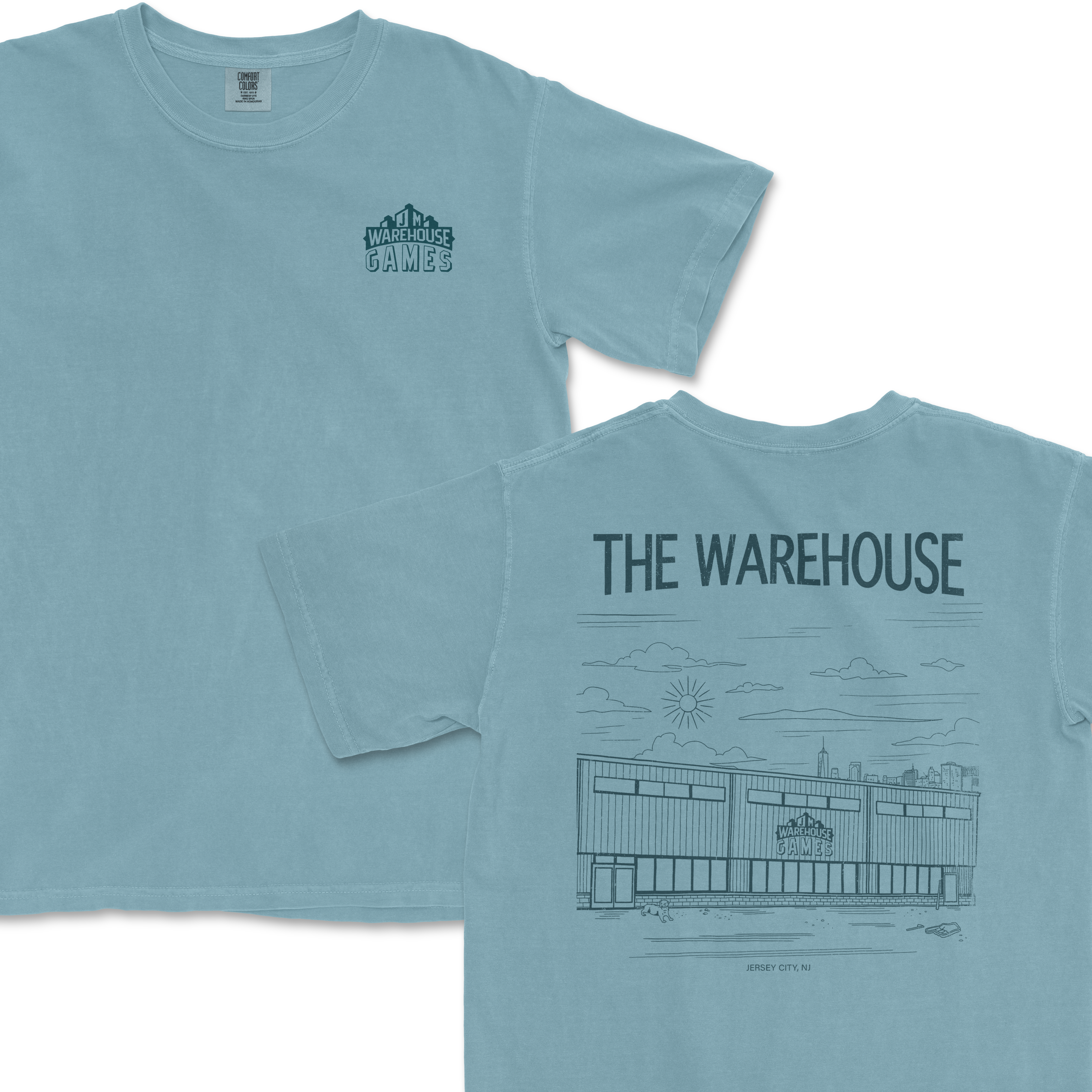 Light blue T-shirt featuring "The Warehouse" logo on the front and a line art illustration of the warehouse building with "Jersey City, NJ" on the back.