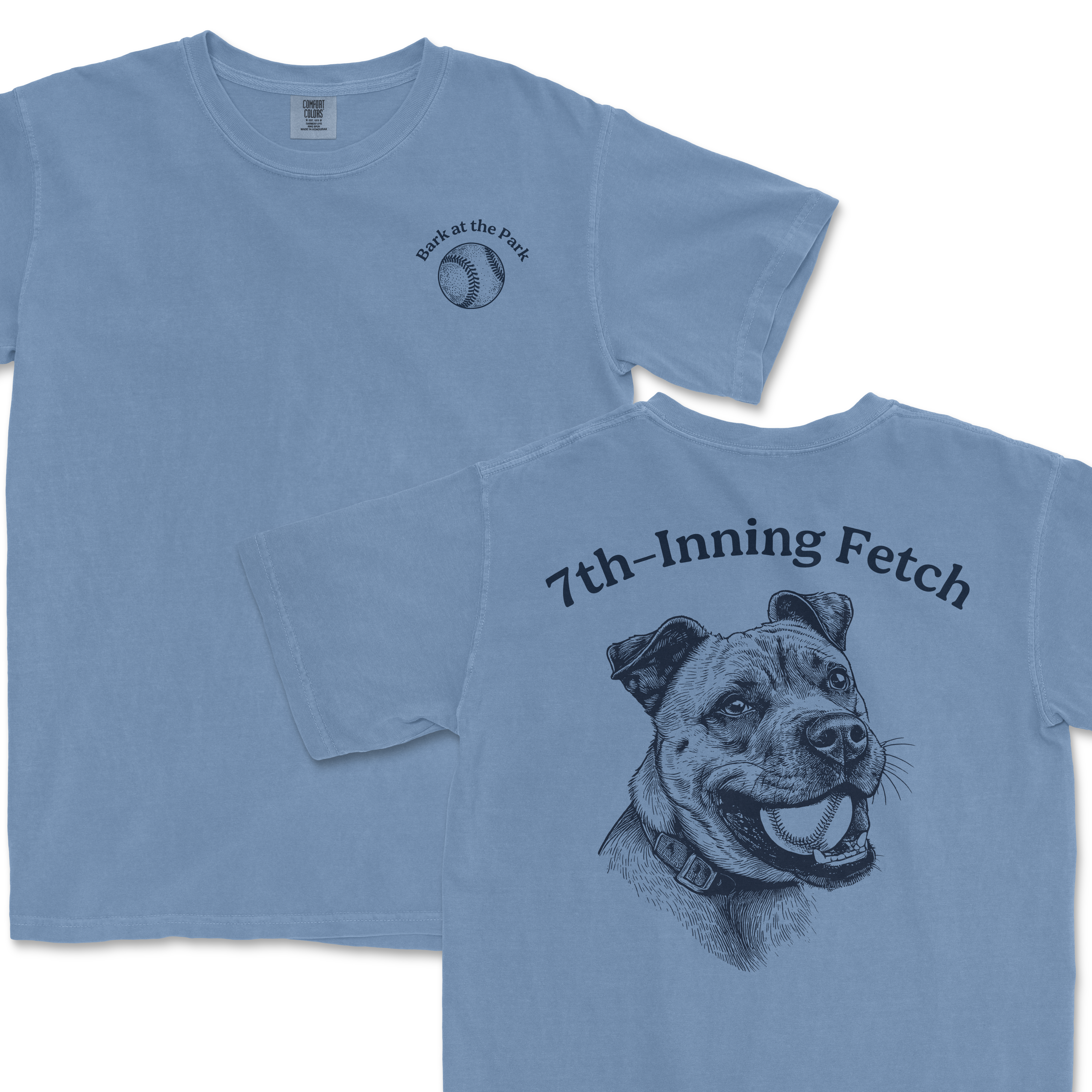 Blue Comfort Colors T-shirt featuring a "7th-Inning Fetch" baseball-themed design with a pitbull illustration and playful text.