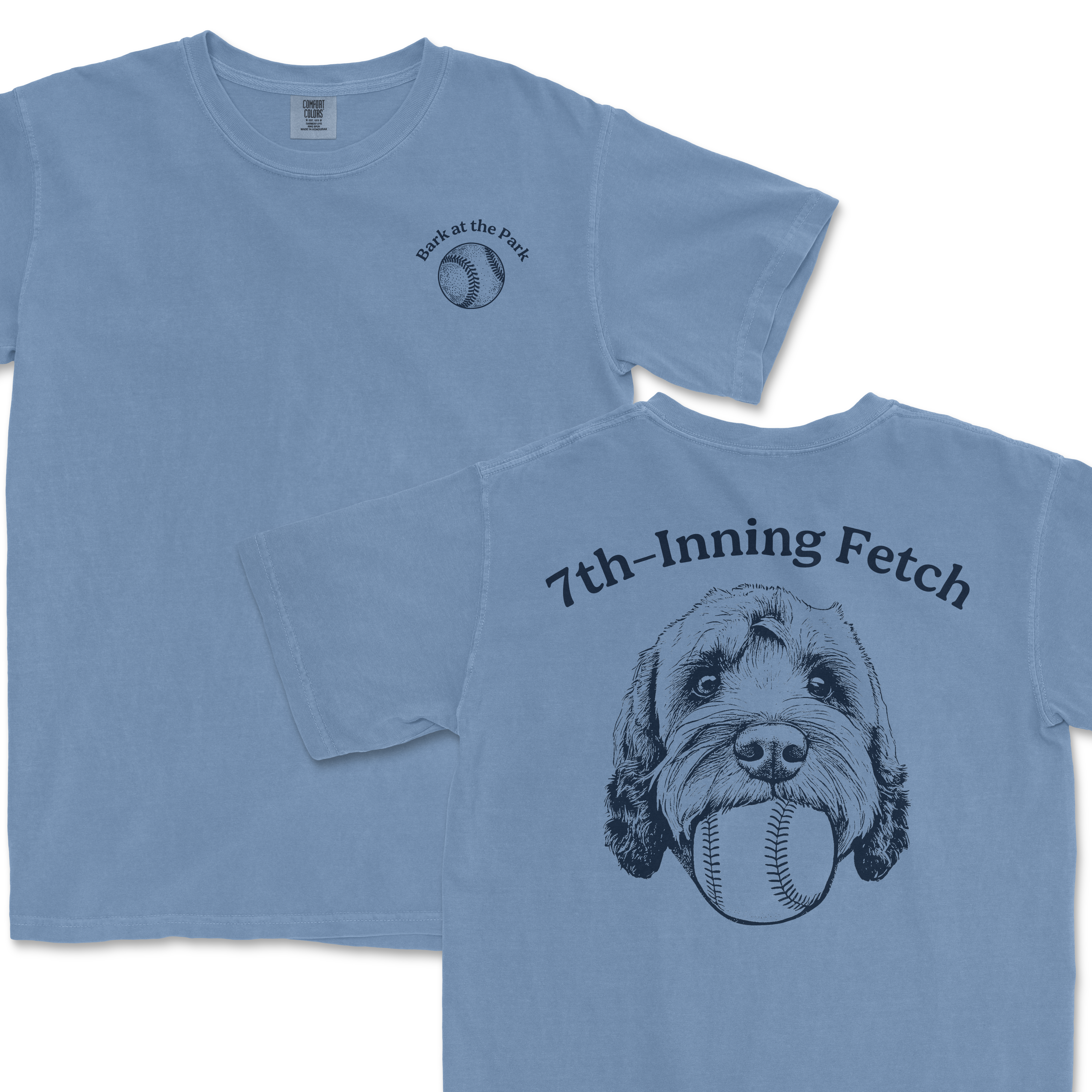 Light blue Comfort Colors T-shirt featuring a dog with a baseball in its mouth on the back and a baseball with text on the front.