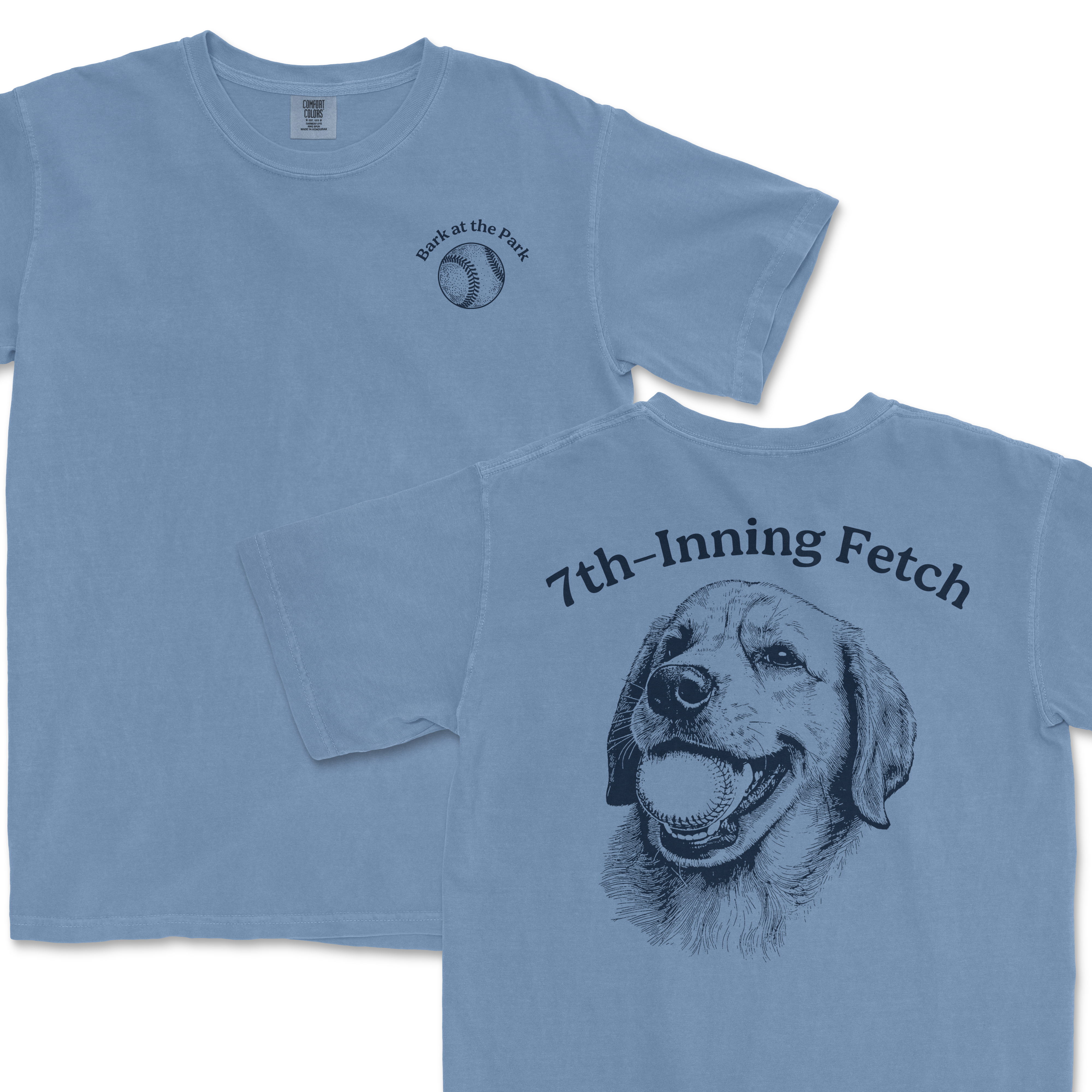 Light blue Comfort Colors T-shirt featuring a "7th-Inning Fetch" design with a smiling golden retriever and baseball, perfect for dog lovers.