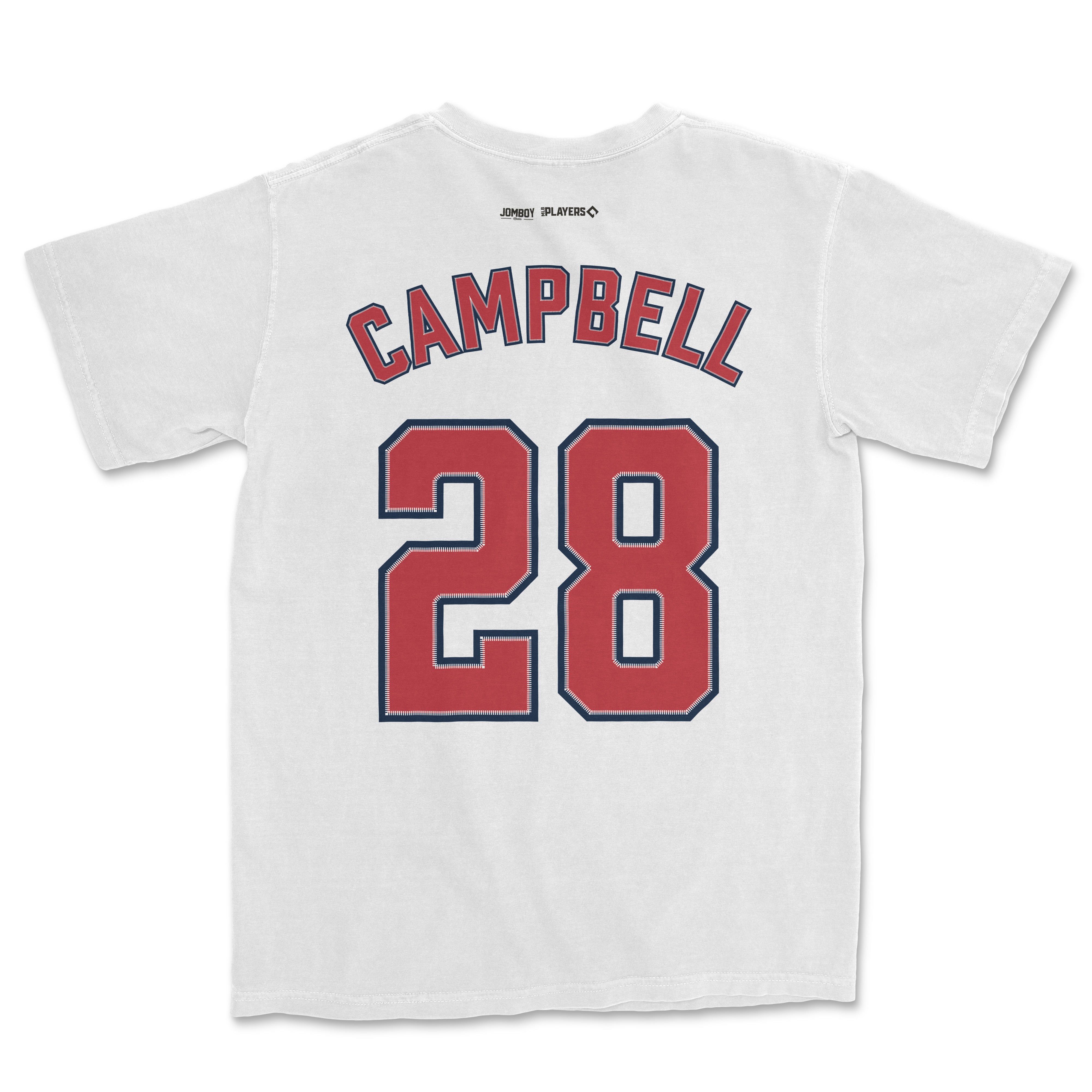 Back of a white Comfort Colors tee featuring "Campbell 28" in red and navy, with "Kristian Campbell Shirsey" text.