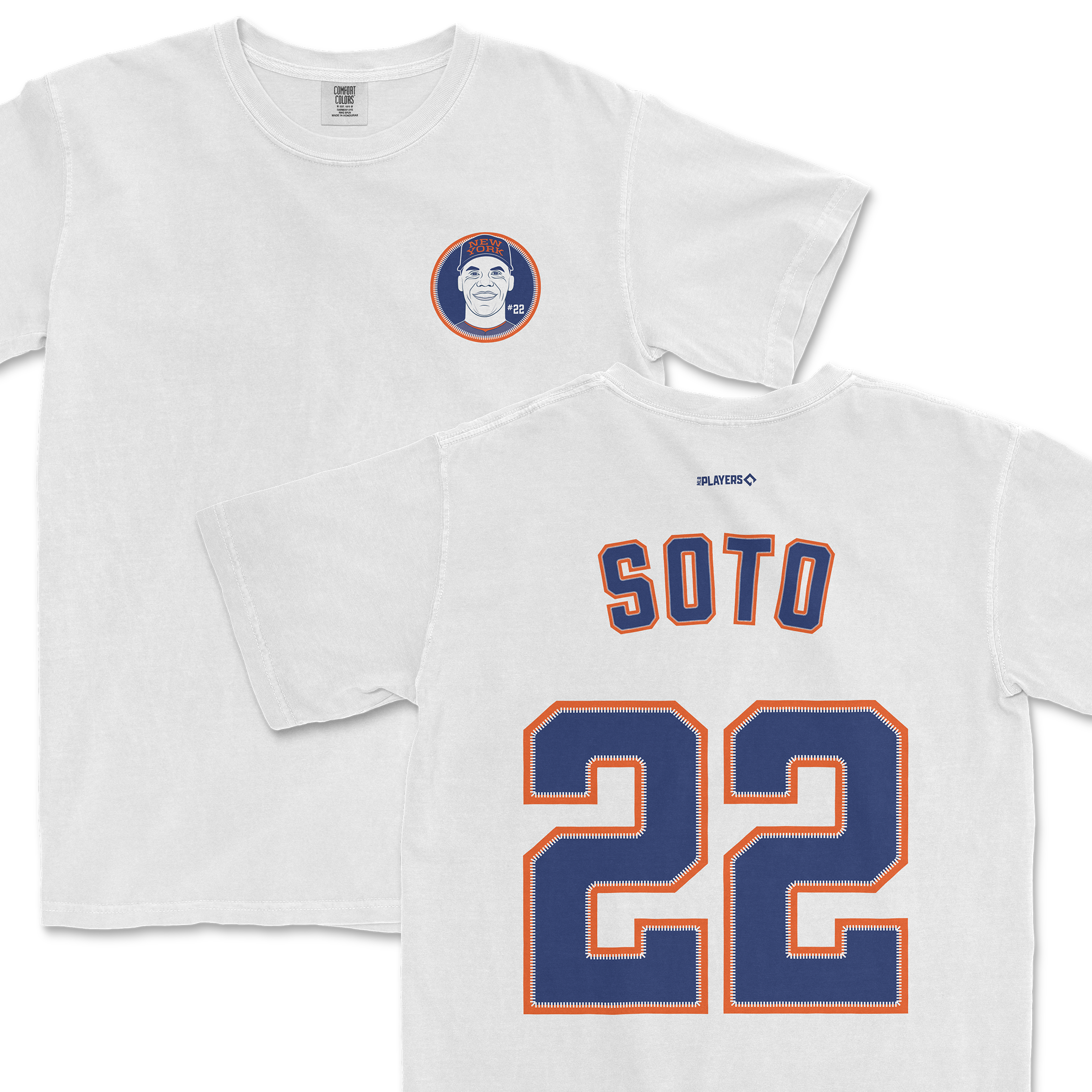 White Juan Soto shirsey featuring a graphic of Soto on the front and his name and number 22 on the back.