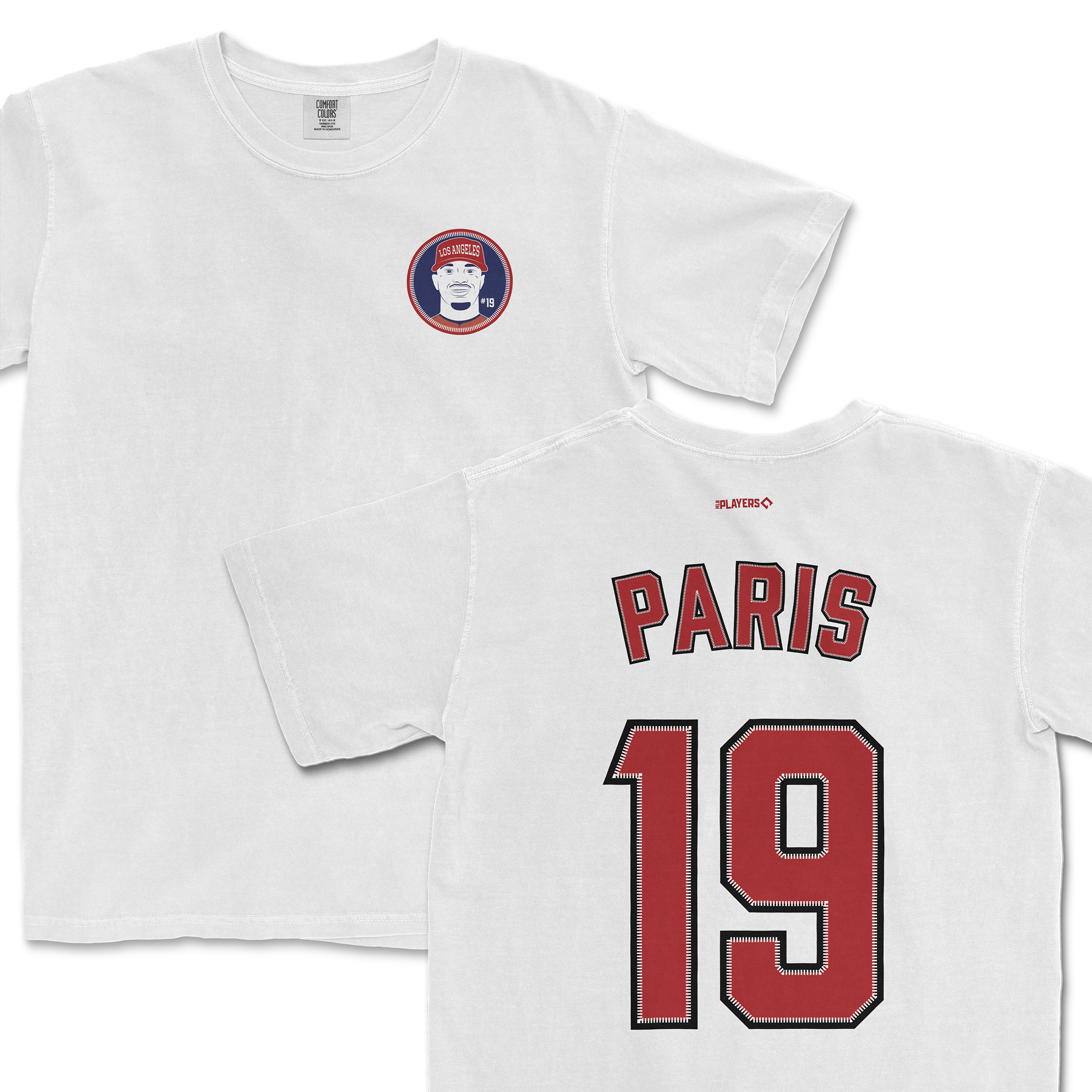 White Kyren Paris shirsey featuring a front logo and bold red "PARIS 19" on the back, perfect for sports fans.