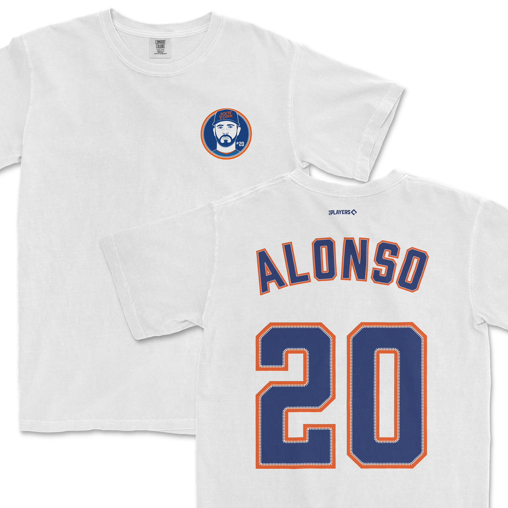 White Pete Alonso Shirsey featuring a graphic logo on the front and his name and number 20 on the back. Perfect for fans.