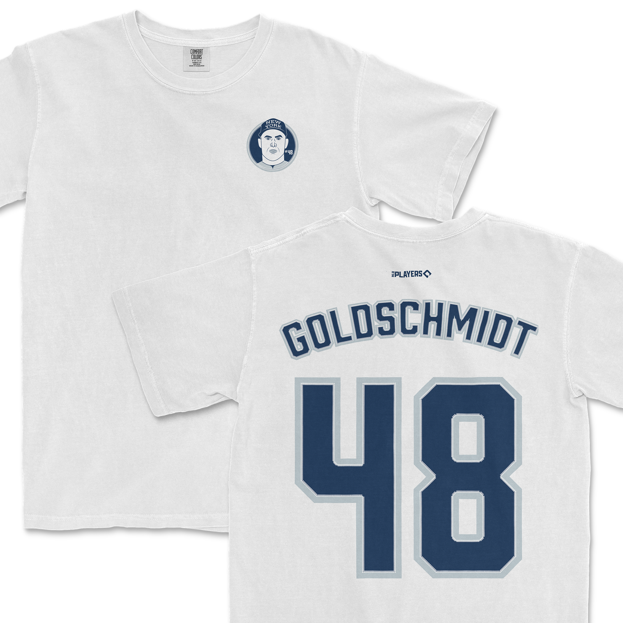 White Paul Goldschmidt shirsey featuring his name and number 48 on the back, with a graphic of his face on the front.